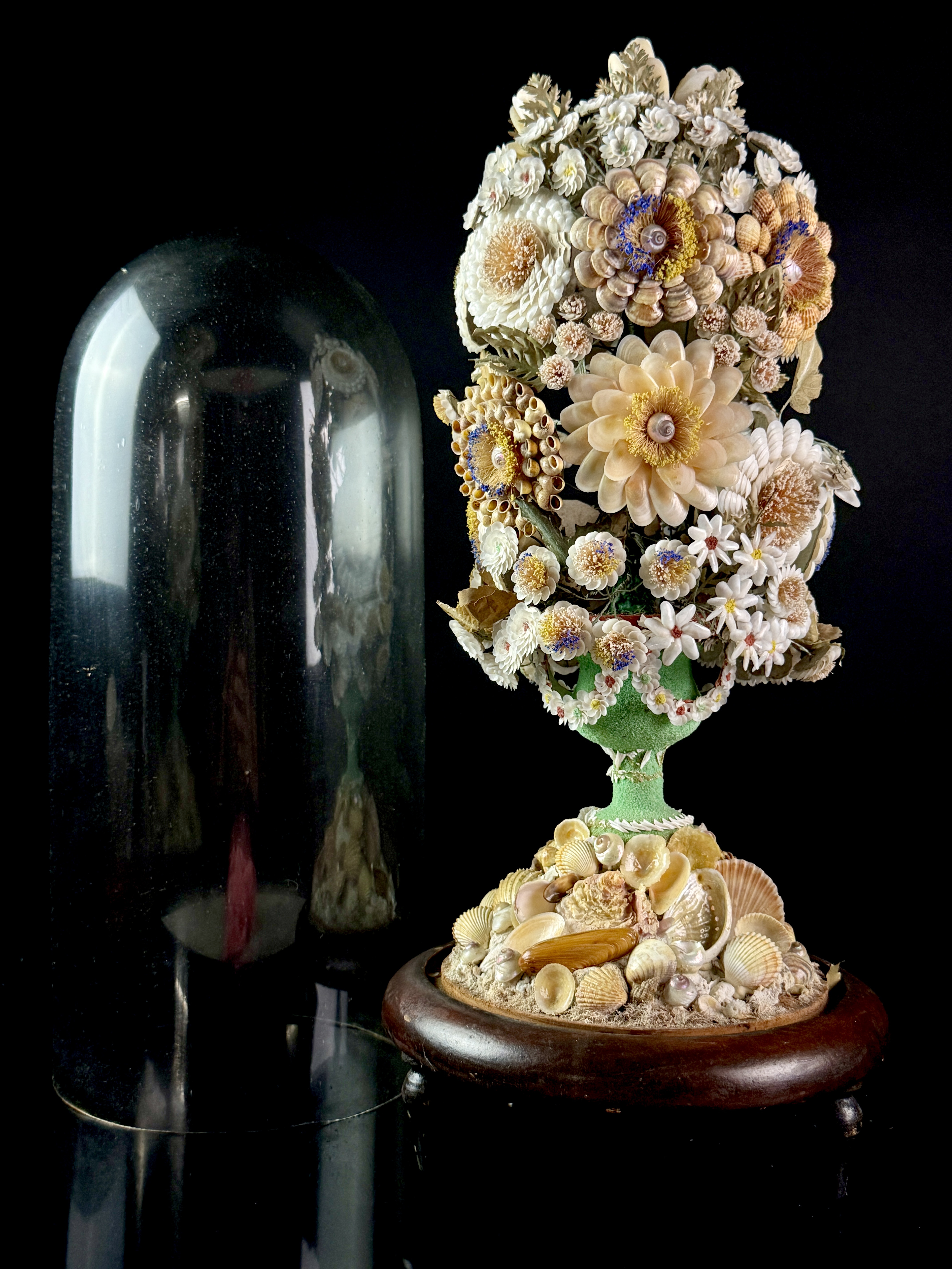 Large 19th Century Folk Art Shellwork Floral Bouquet Under Glass Dome