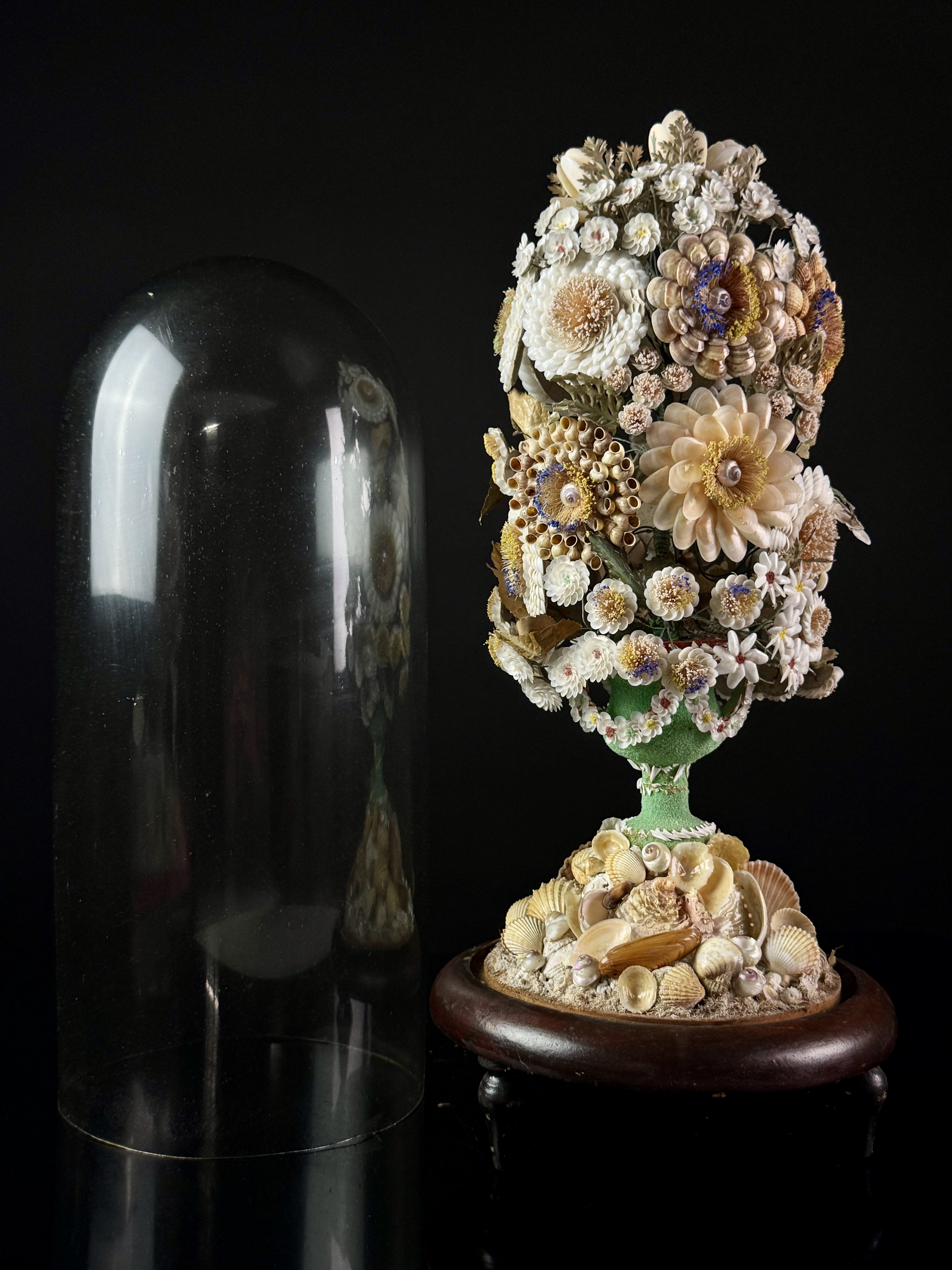 Large 19th Century Folk Art Shellwork Floral Bouquet Under Glass Dome