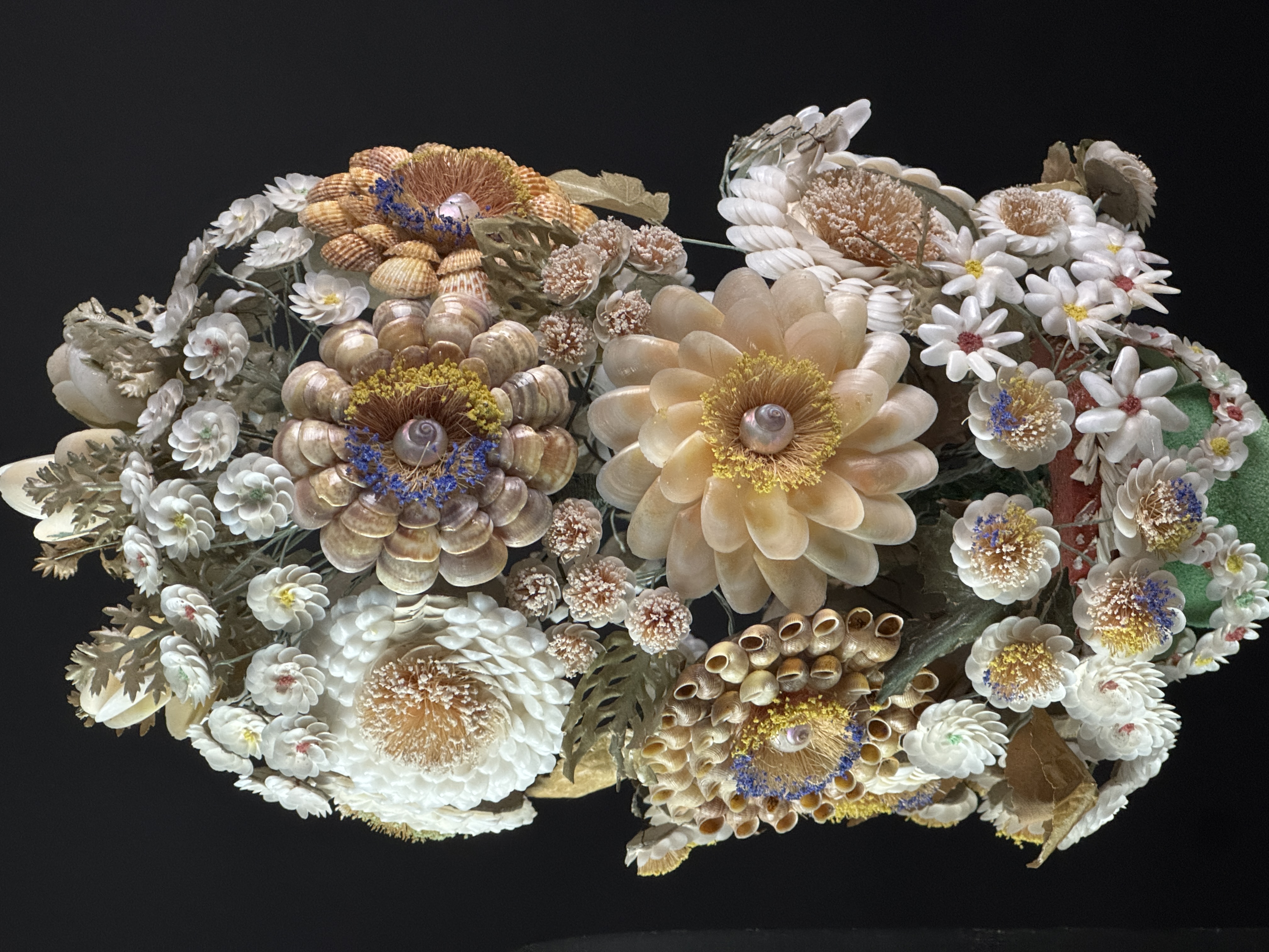 Large 19th Century Folk Art Shellwork Floral Bouquet Under Glass Dome