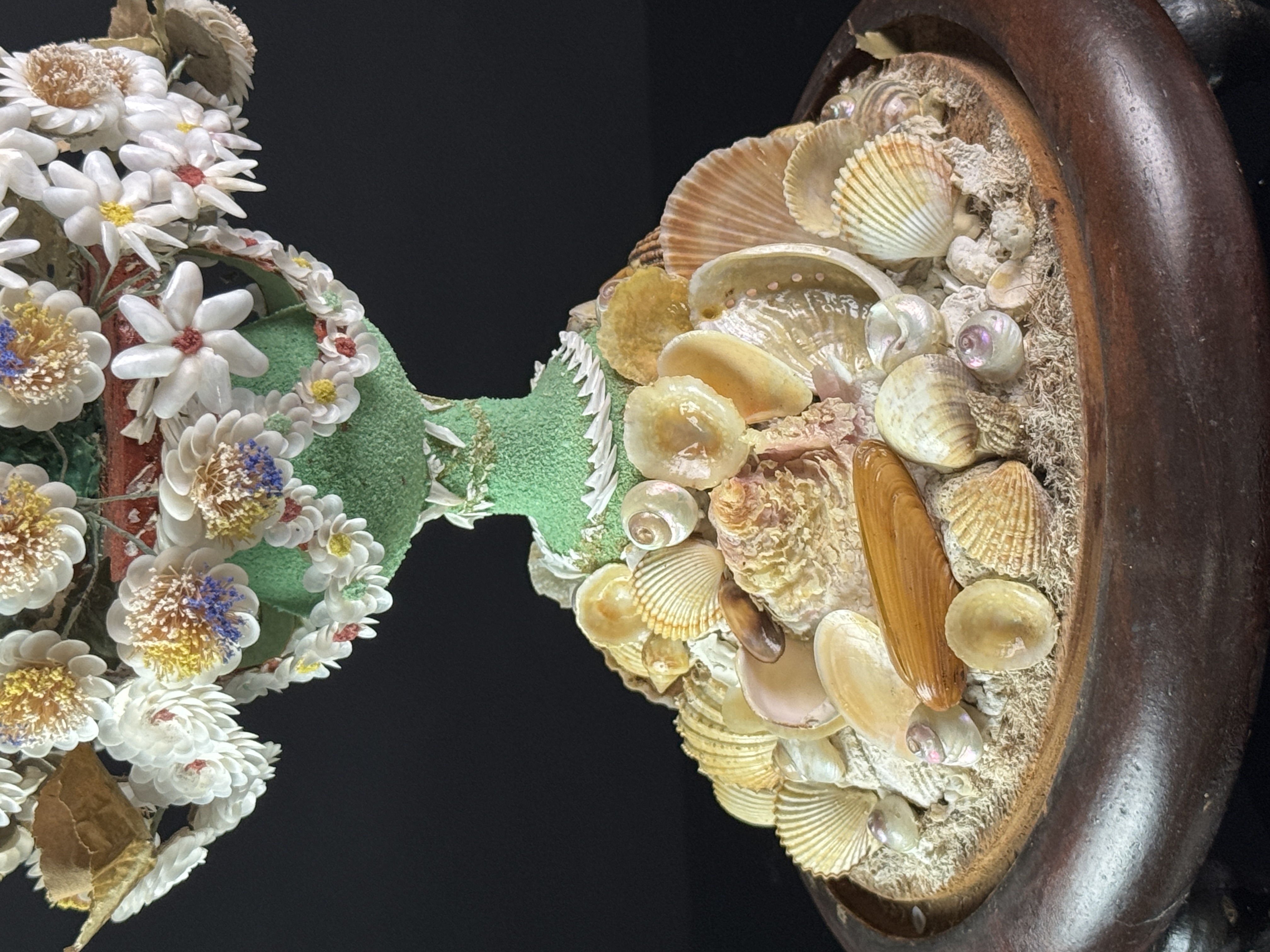 Large 19th Century Folk Art Shellwork Floral Bouquet Under Glass Dome