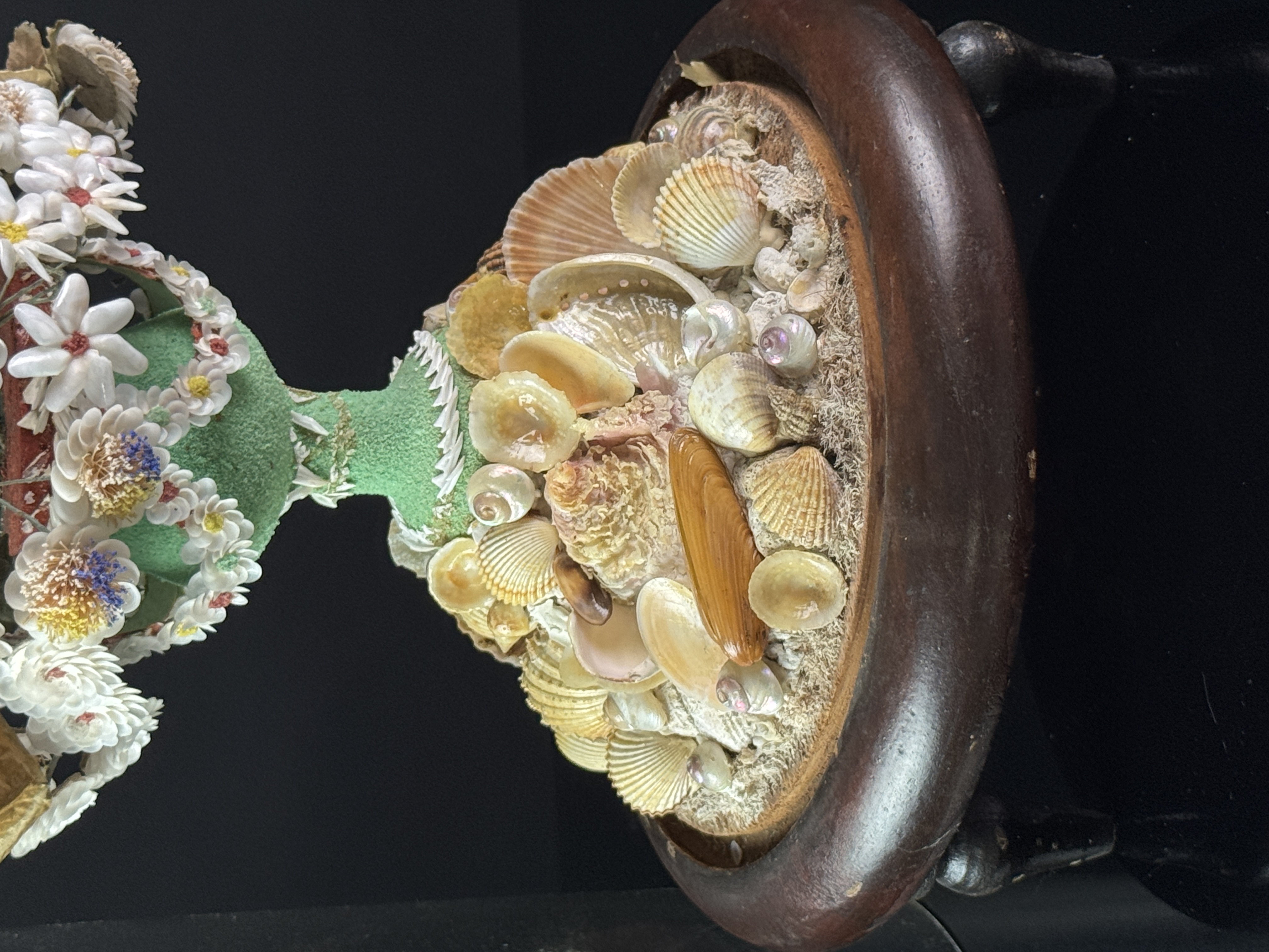 Large 19th Century Folk Art Shellwork Floral Bouquet Under Glass Dome