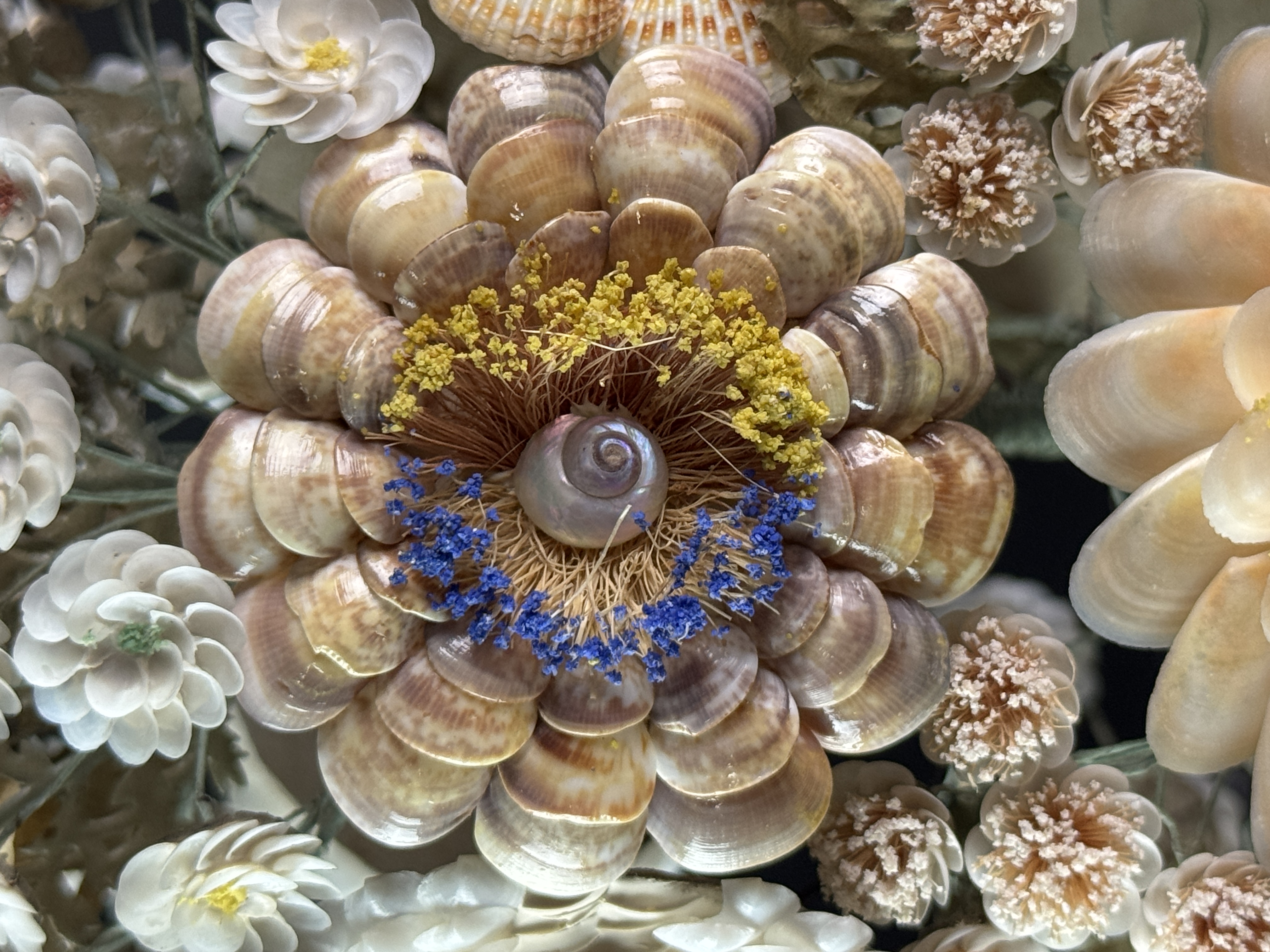 Large 19th Century Folk Art Shellwork Floral Bouquet Under Glass Dome