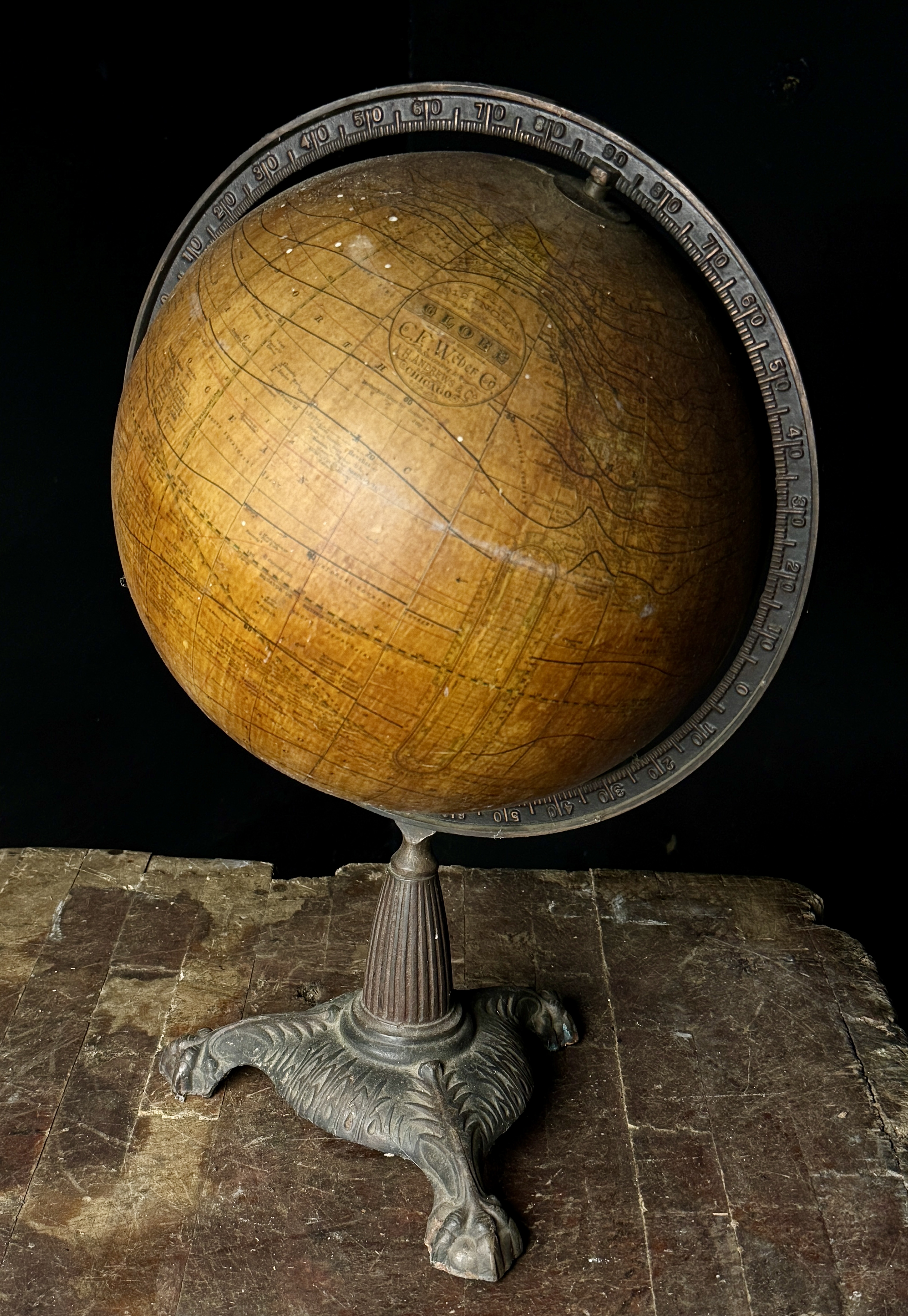 Antique C. F. Weber and Co. 12-Inch Terrestrial Globe on Cast Iron Claw Foot Stand