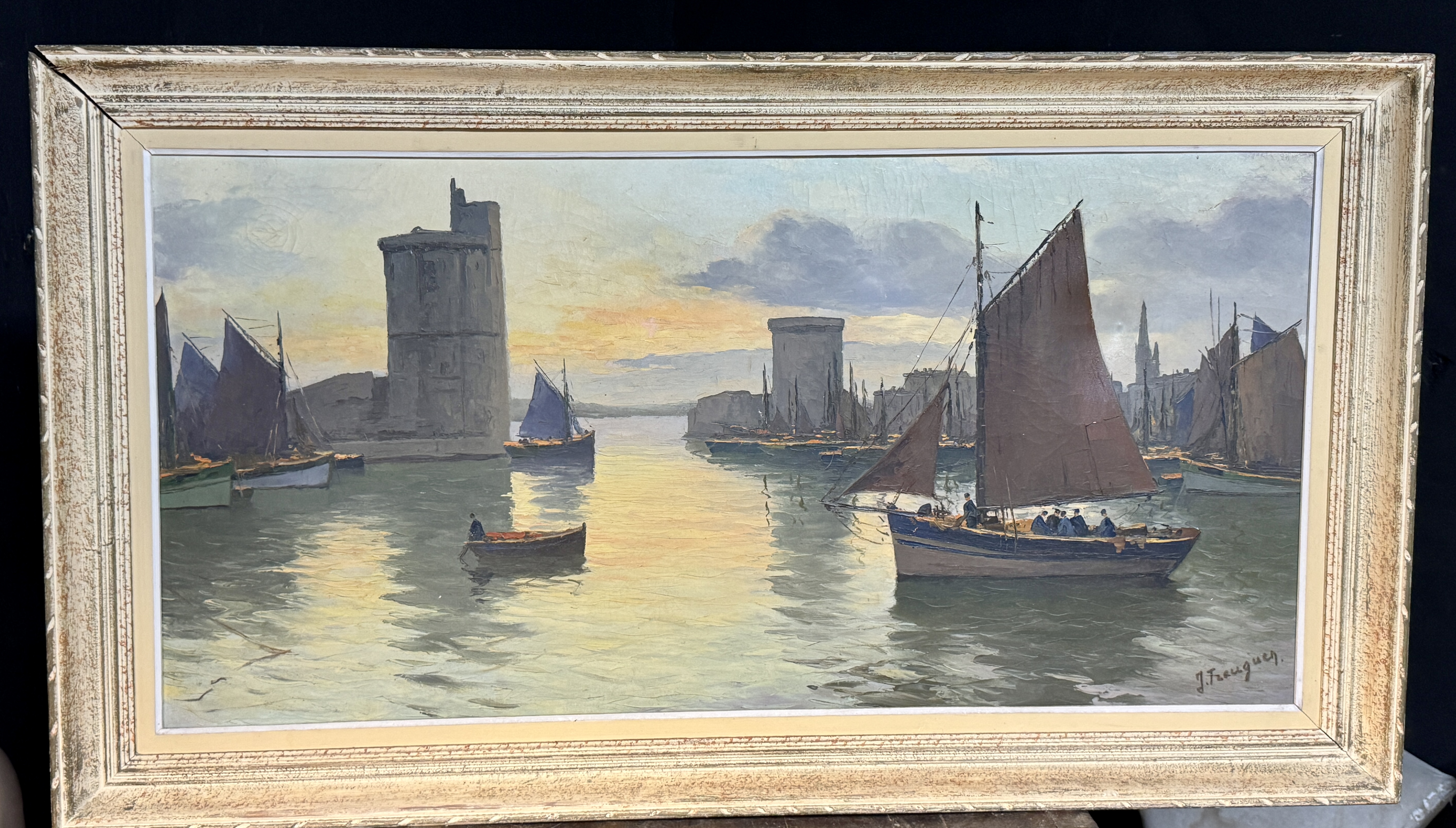 J. Freuguey, Harbor Scene in La Rochelle, France, Oil on Canvas