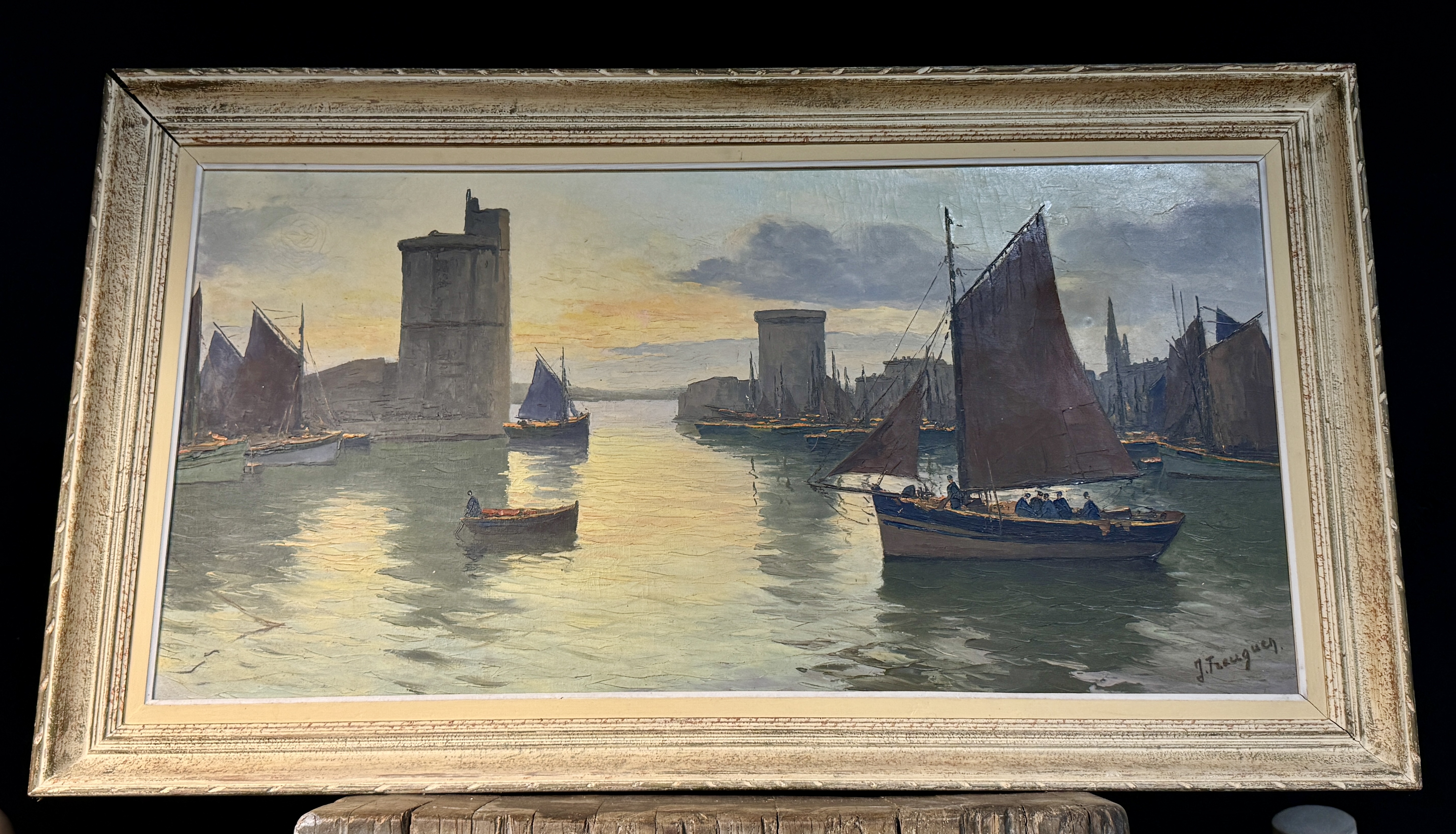 J. Freuguey, Harbor Scene in La Rochelle, France, Oil on Canvas