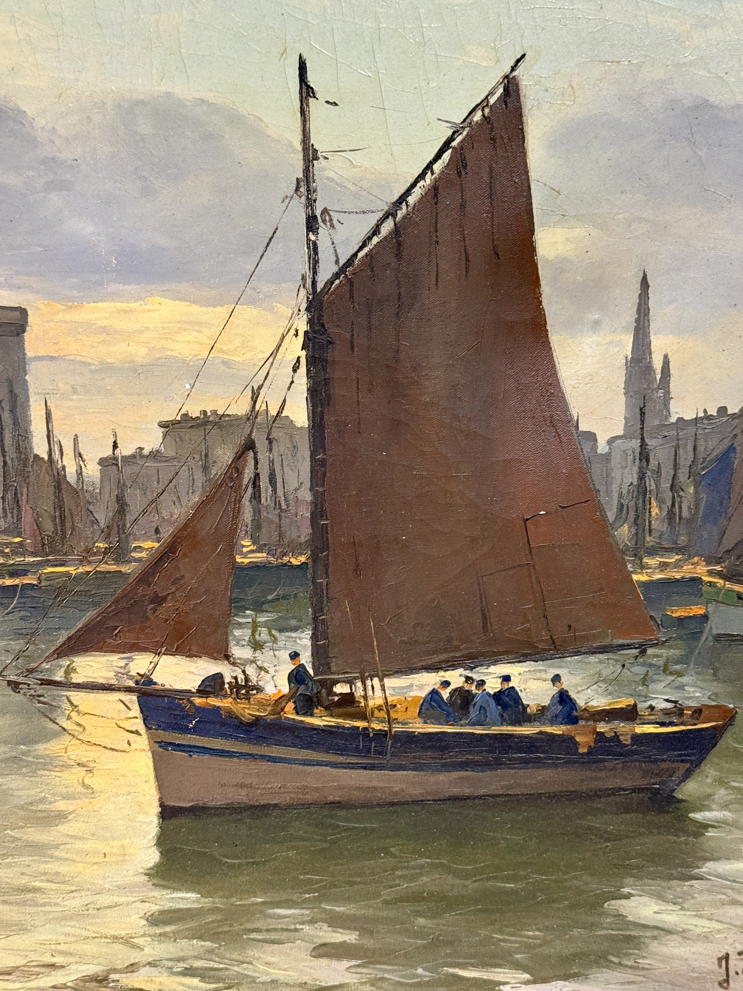 J. Freuguey, Harbor Scene in La Rochelle, France, Oil on Canvas
