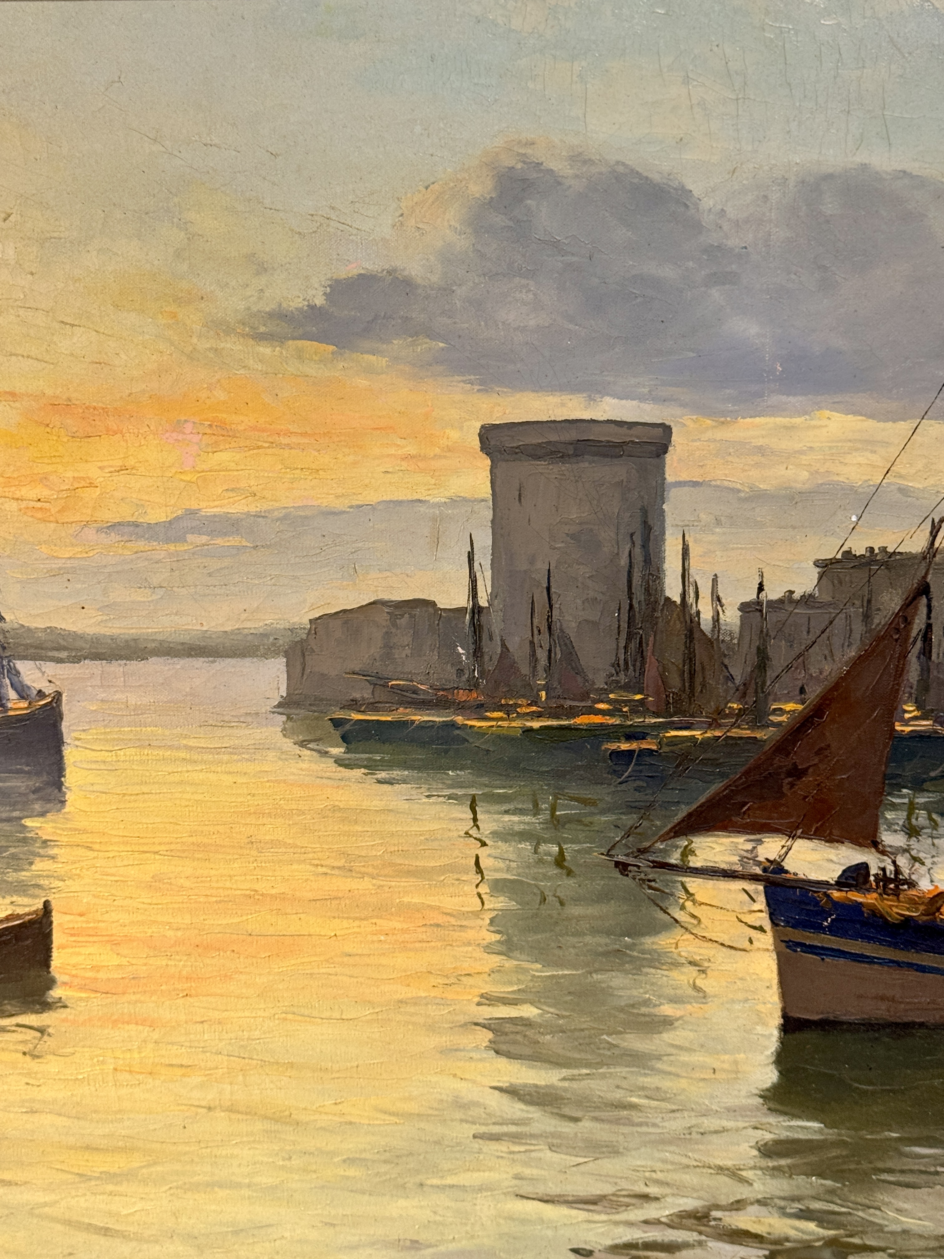 J. Freuguey, Harbor Scene in La Rochelle, France, Oil on Canvas