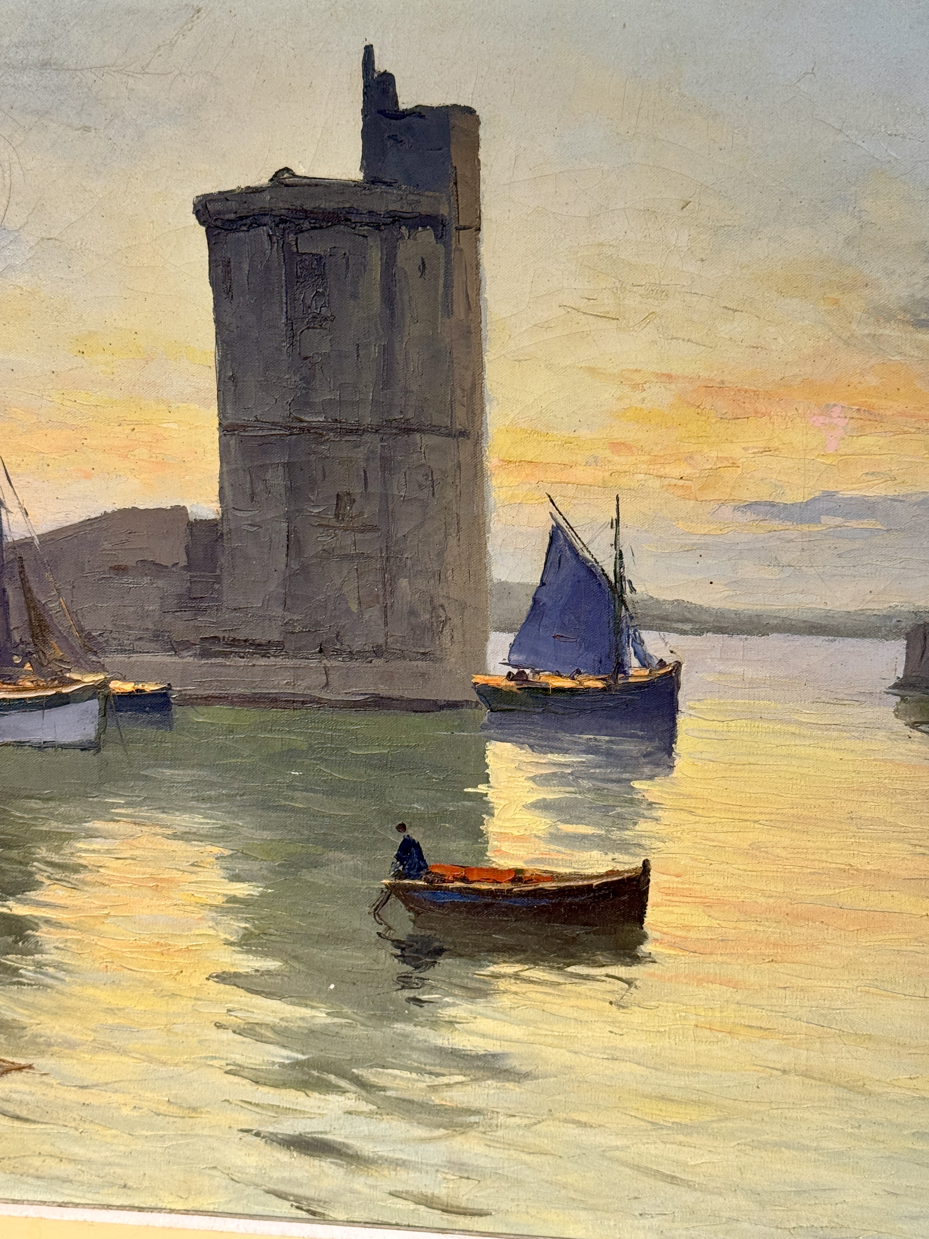 J. Freuguey, Harbor Scene in La Rochelle, France, Oil on Canvas
