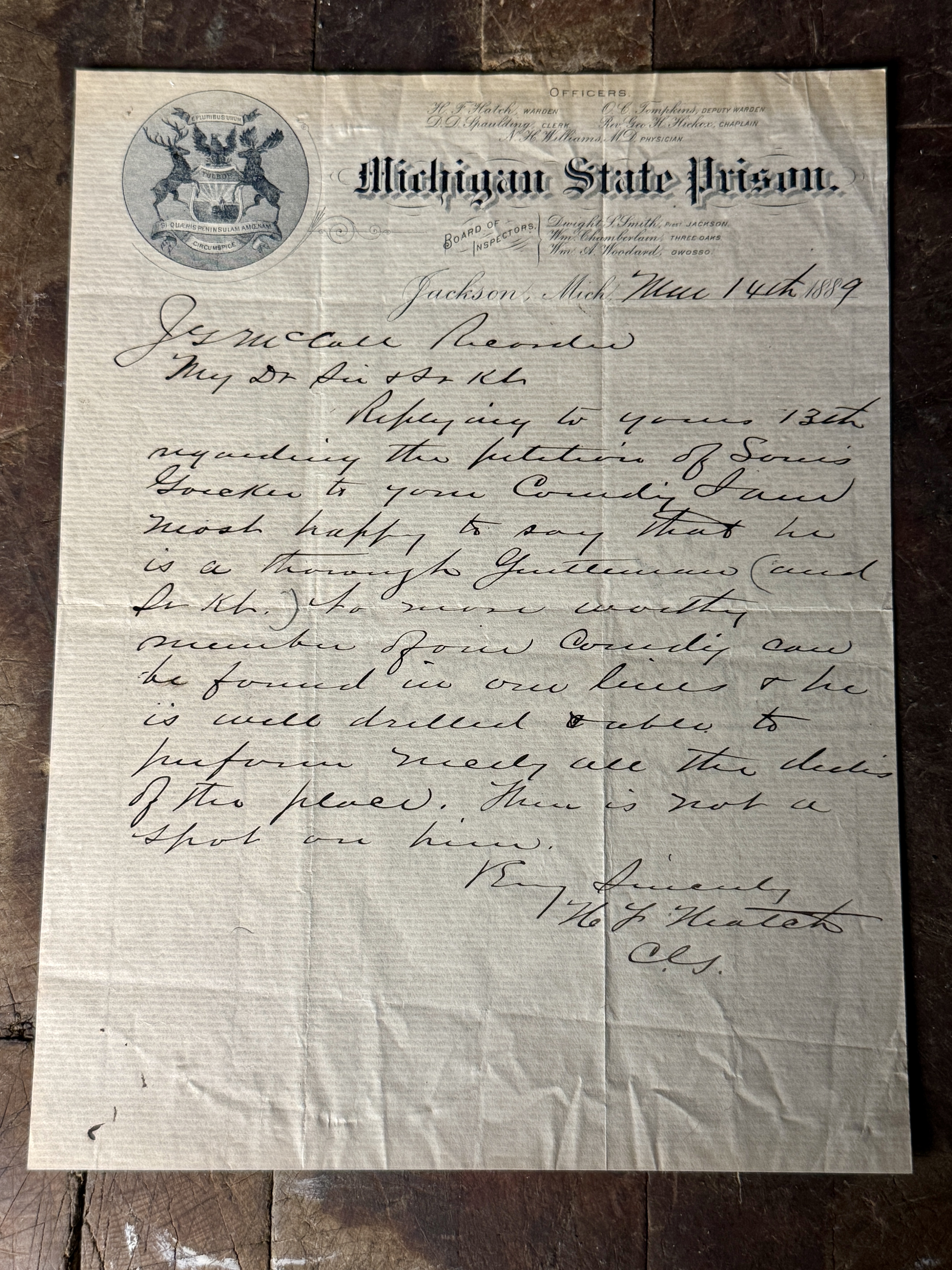 Hatch, H. F. Autograph Letter Signed (ALS) on Michigan State Prison Letterhead. Jackson, MI, 1889. (Signed)