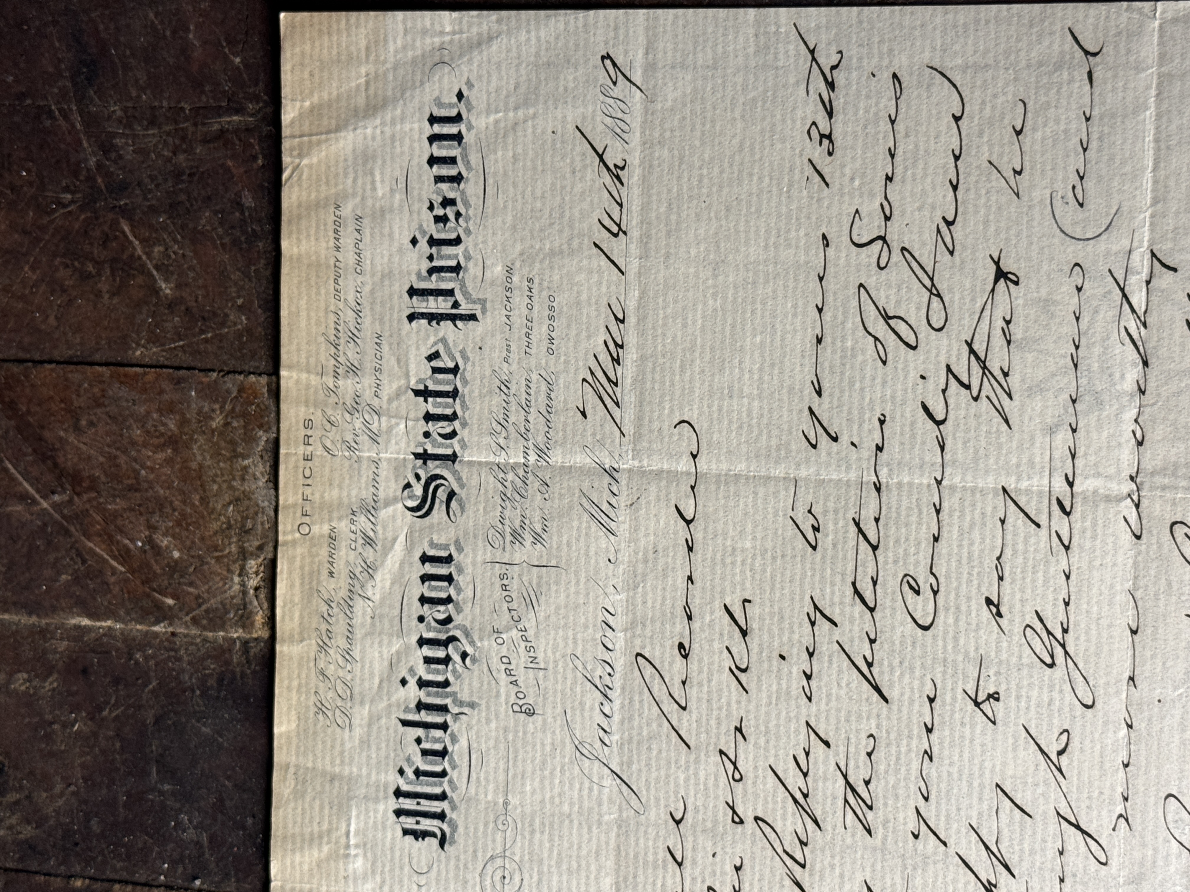 Hatch, H. F. Autograph Letter Signed (ALS) on Michigan State Prison Letterhead. Jackson, MI, 1889. (Signed)