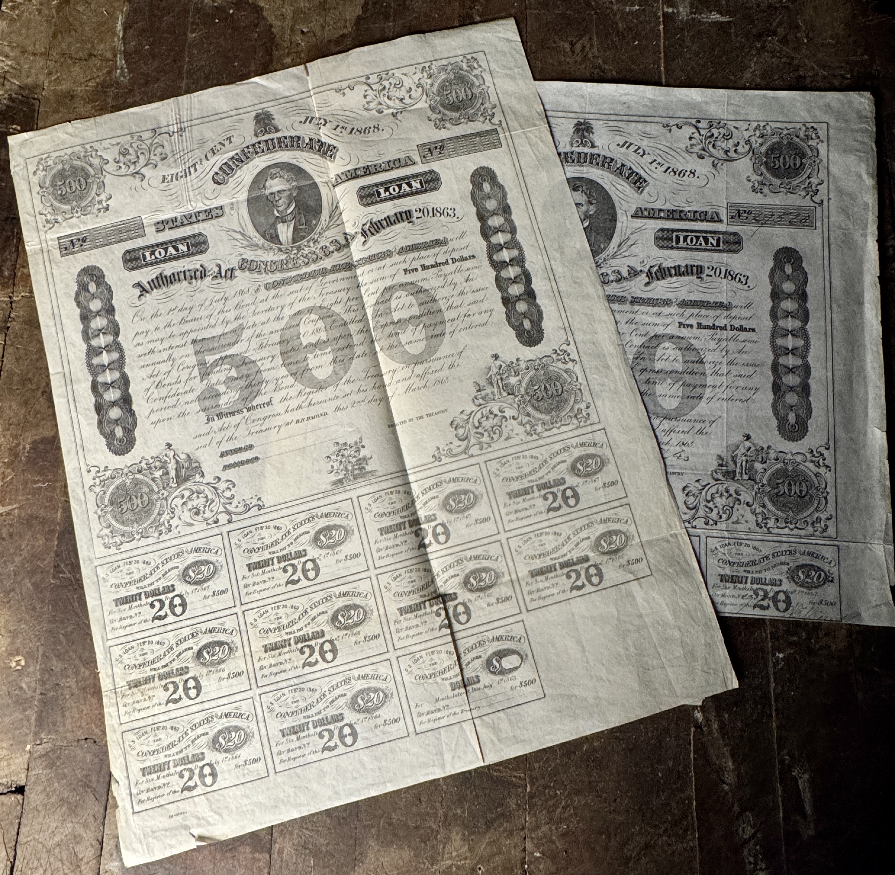 A Pair of 1863 Confederate States of America $500 Loan Bonds with Unclipped Coupons