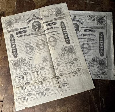 A Pair of 1863 Confederate States of America $500 Loan Bonds with Unclipped Coupons. A pair of 