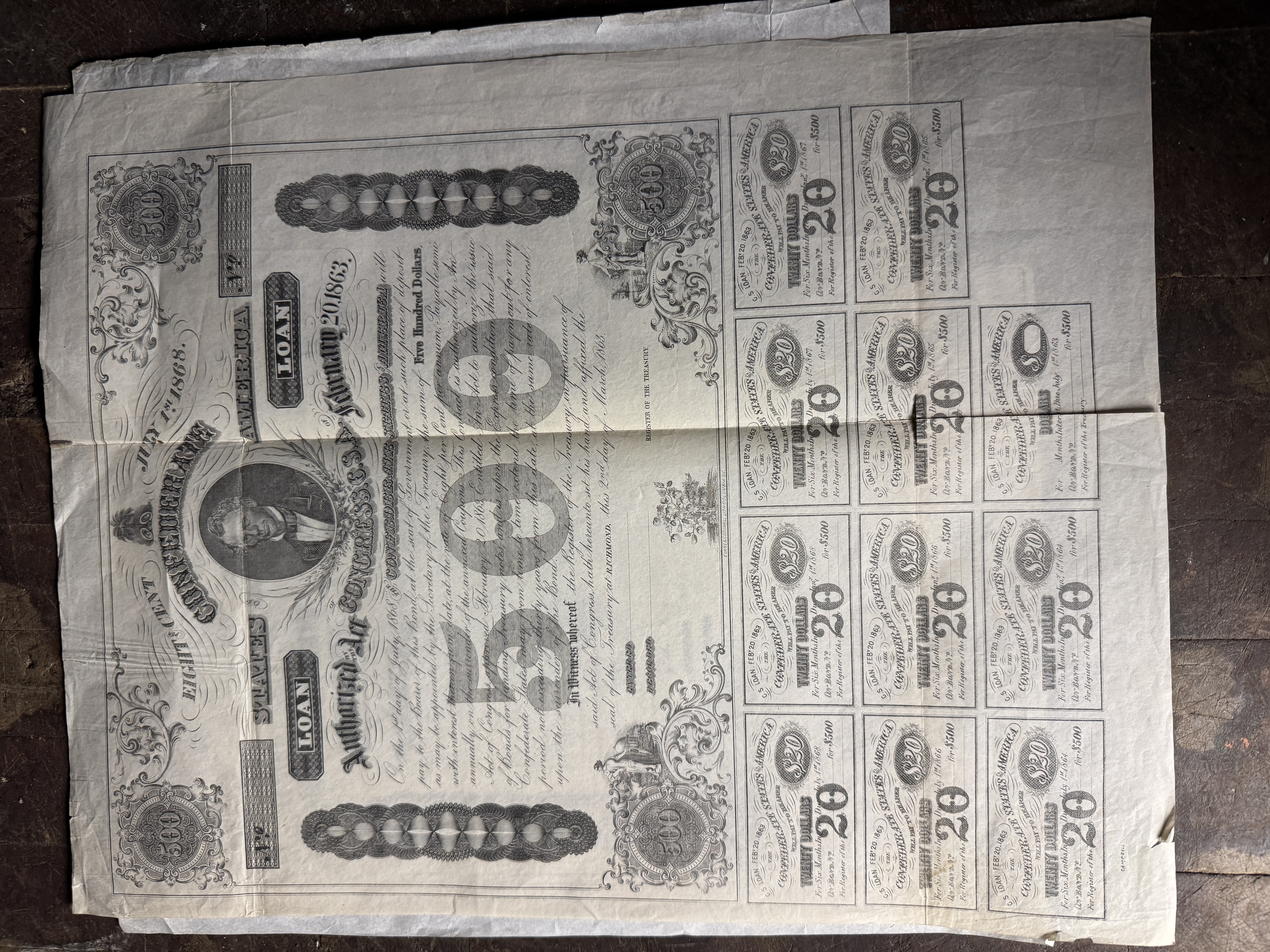 A Pair of 1863 Confederate States of America $500 Loan Bonds with Unclipped Coupons