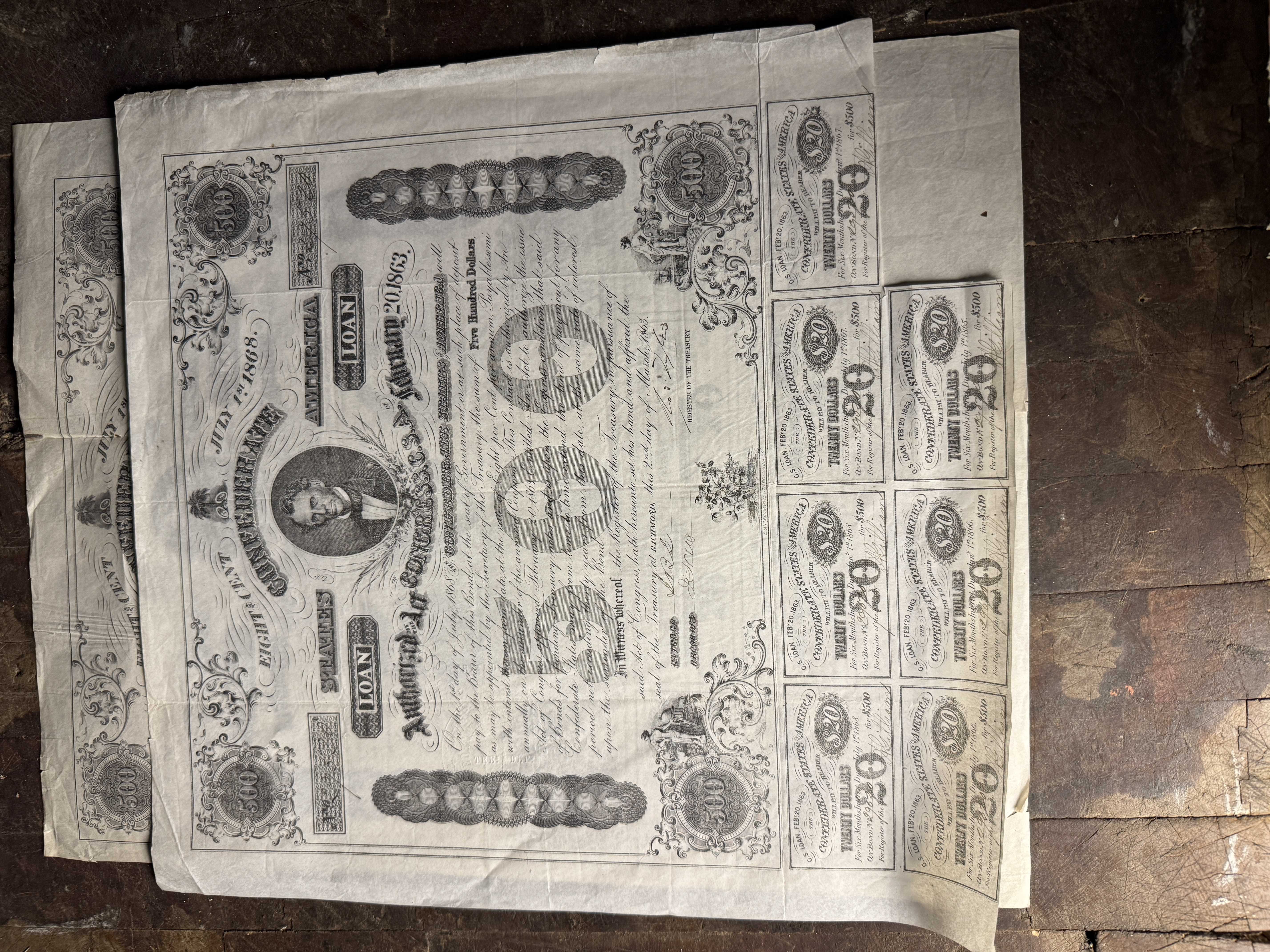 A Pair of 1863 Confederate States of America $500 Loan Bonds with Unclipped Coupons