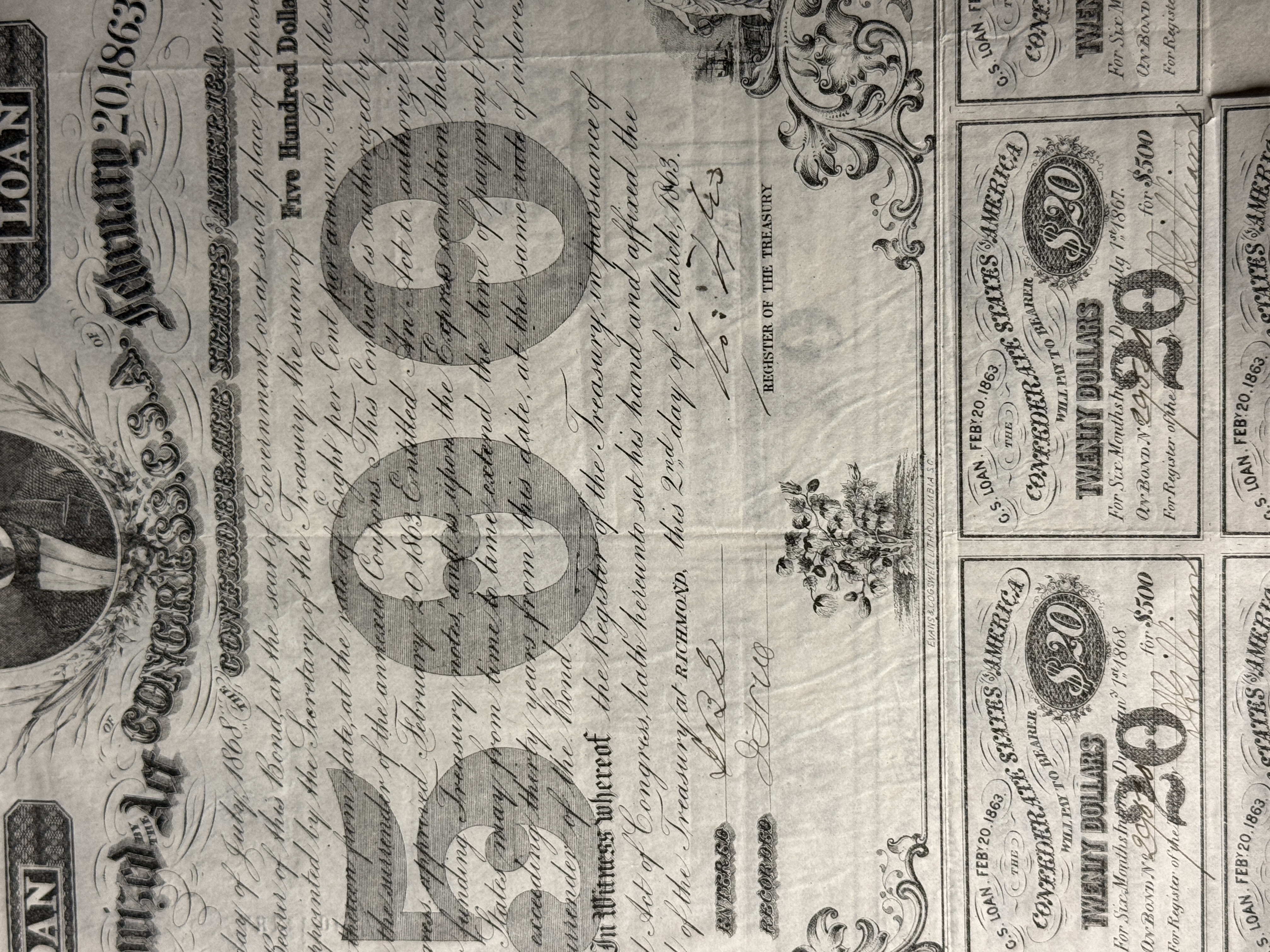A Pair of 1863 Confederate States of America $500 Loan Bonds with Unclipped Coupons