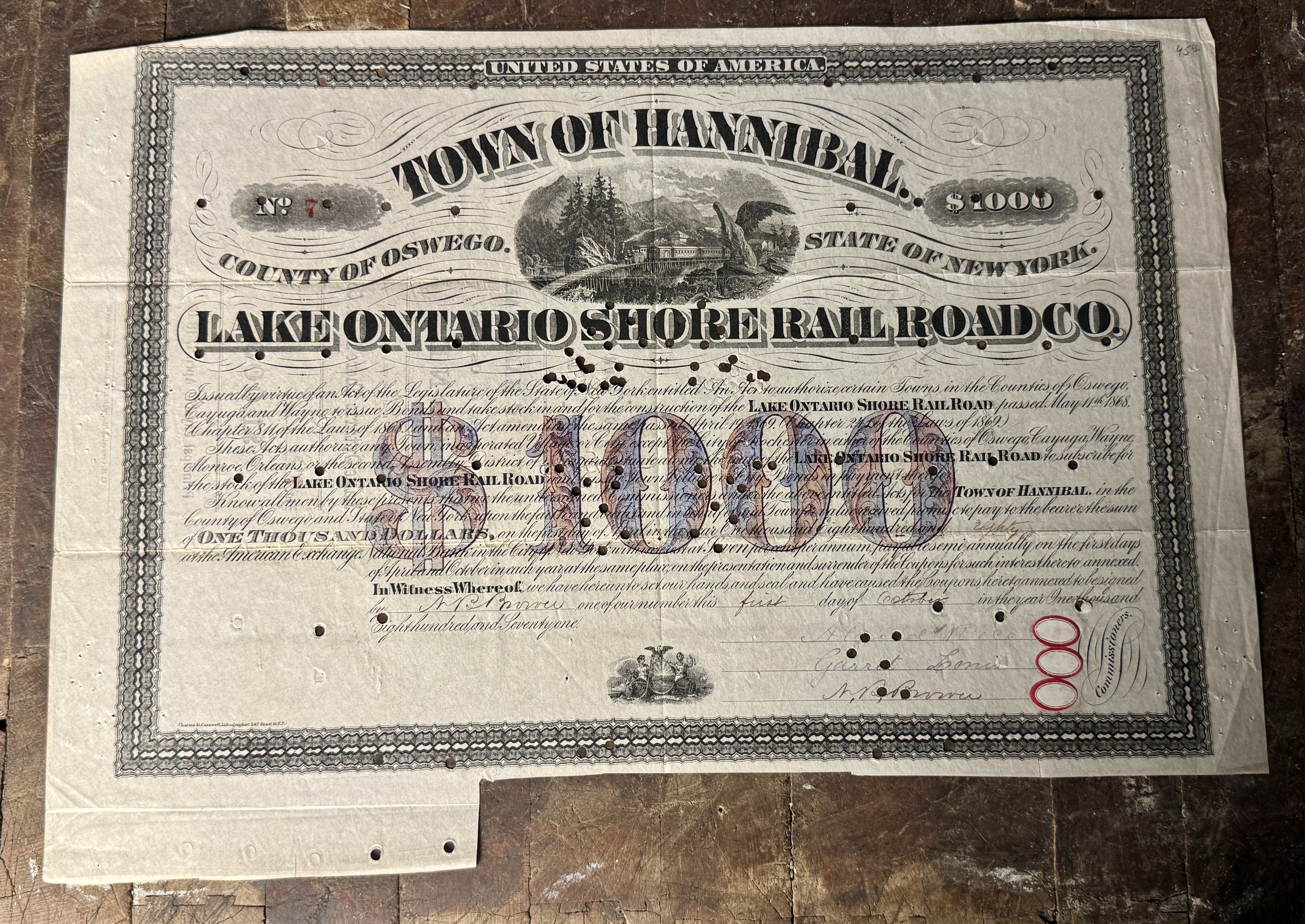 1871 Town of Hannibal $1,000 Municipal Bond for the Lake Ontario Shore Rail Road Company No. 7
