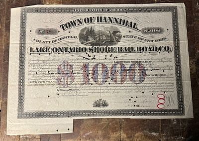 1871 Town of Hannibal $1,000 Municipal Bond for the Lake Ontario Shore Rail Road Company No. 7. T 