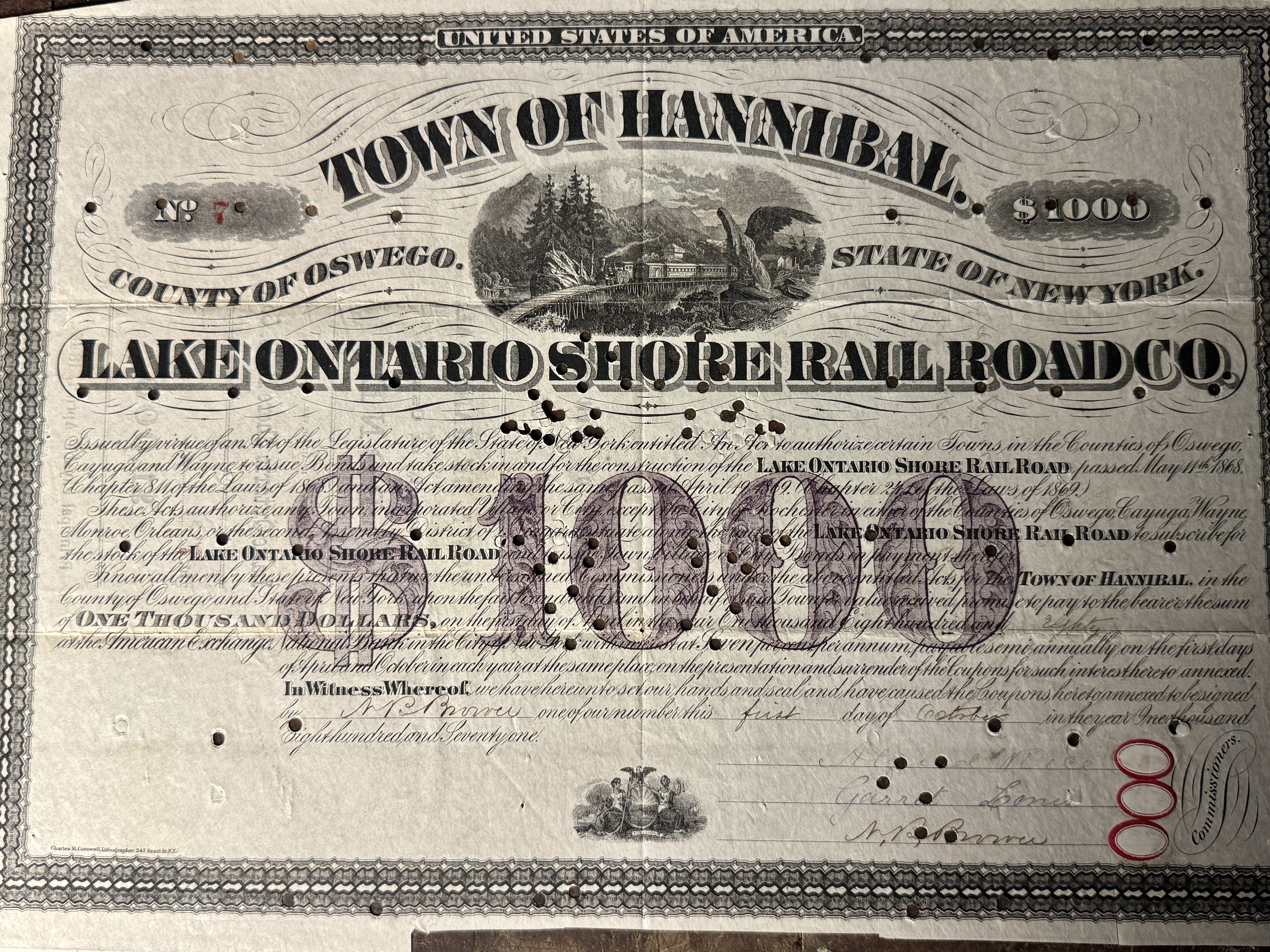 1871 Town of Hannibal $1,000 Municipal Bond for the Lake Ontario Shore Rail Road Company No. 7
