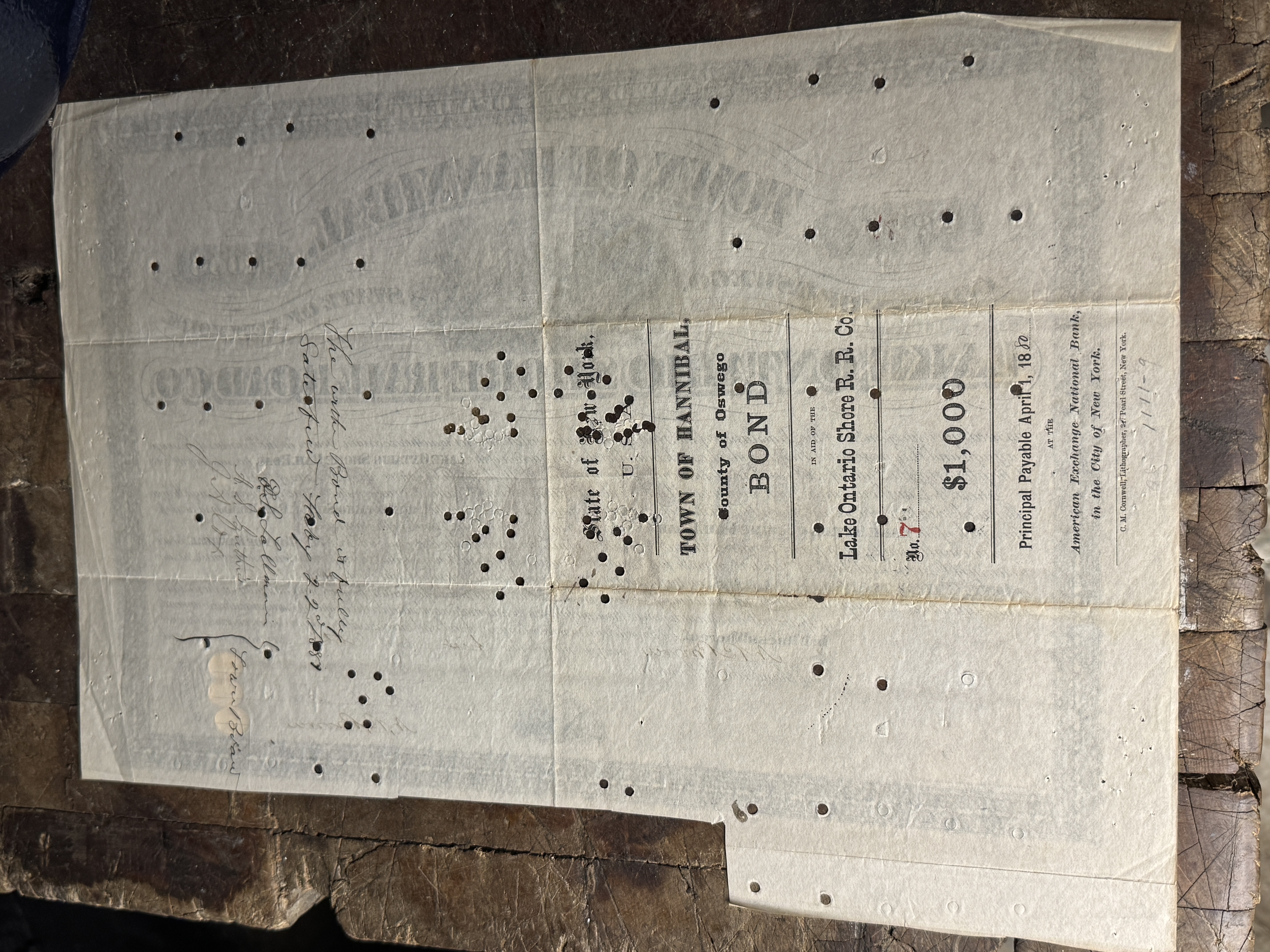 1871 Town of Hannibal $1,000 Municipal Bond for the Lake Ontario Shore Rail Road Company No. 7