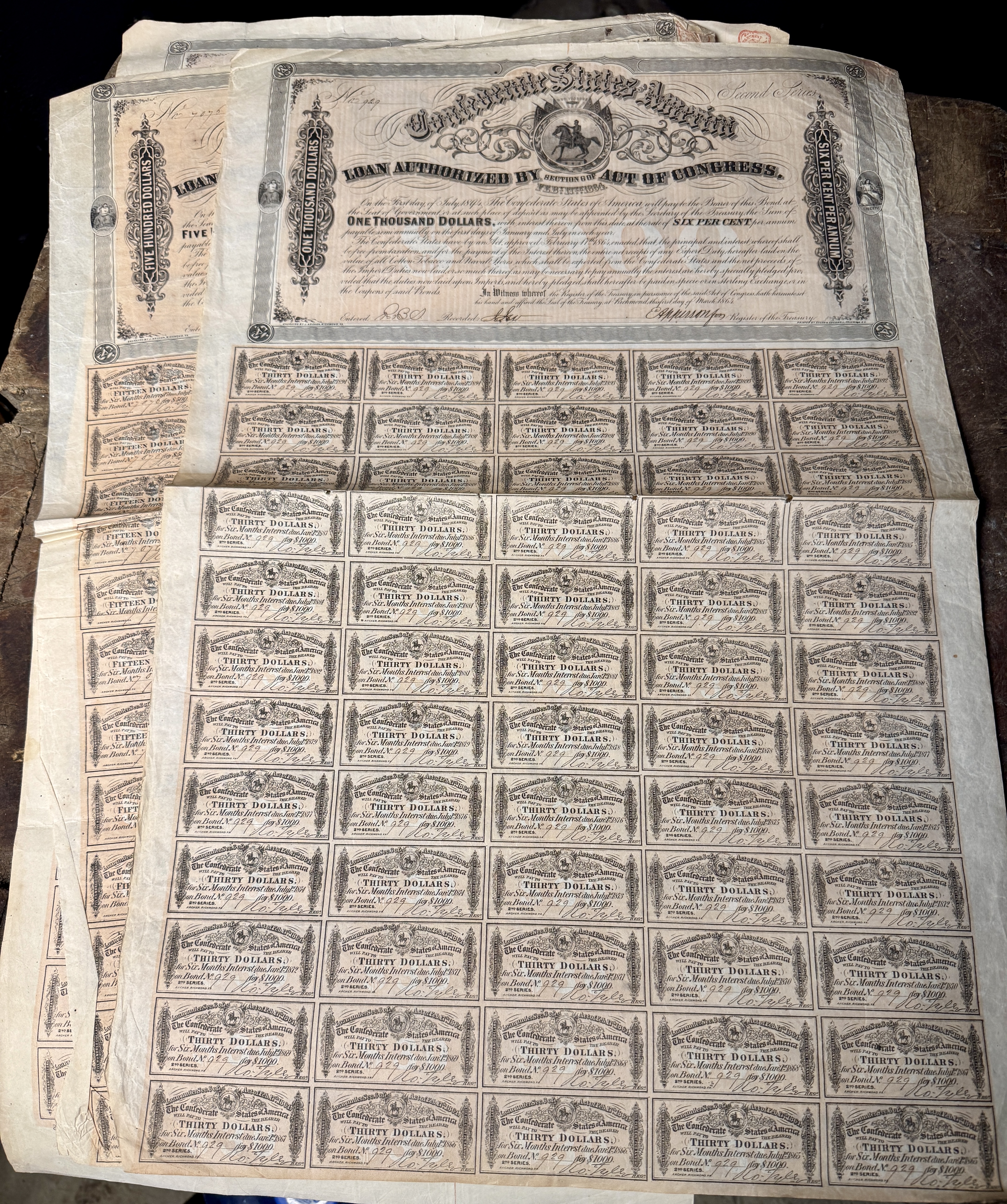 A Collection of Confederate States of America 1864 One Thousand Dollar Loan Bonds