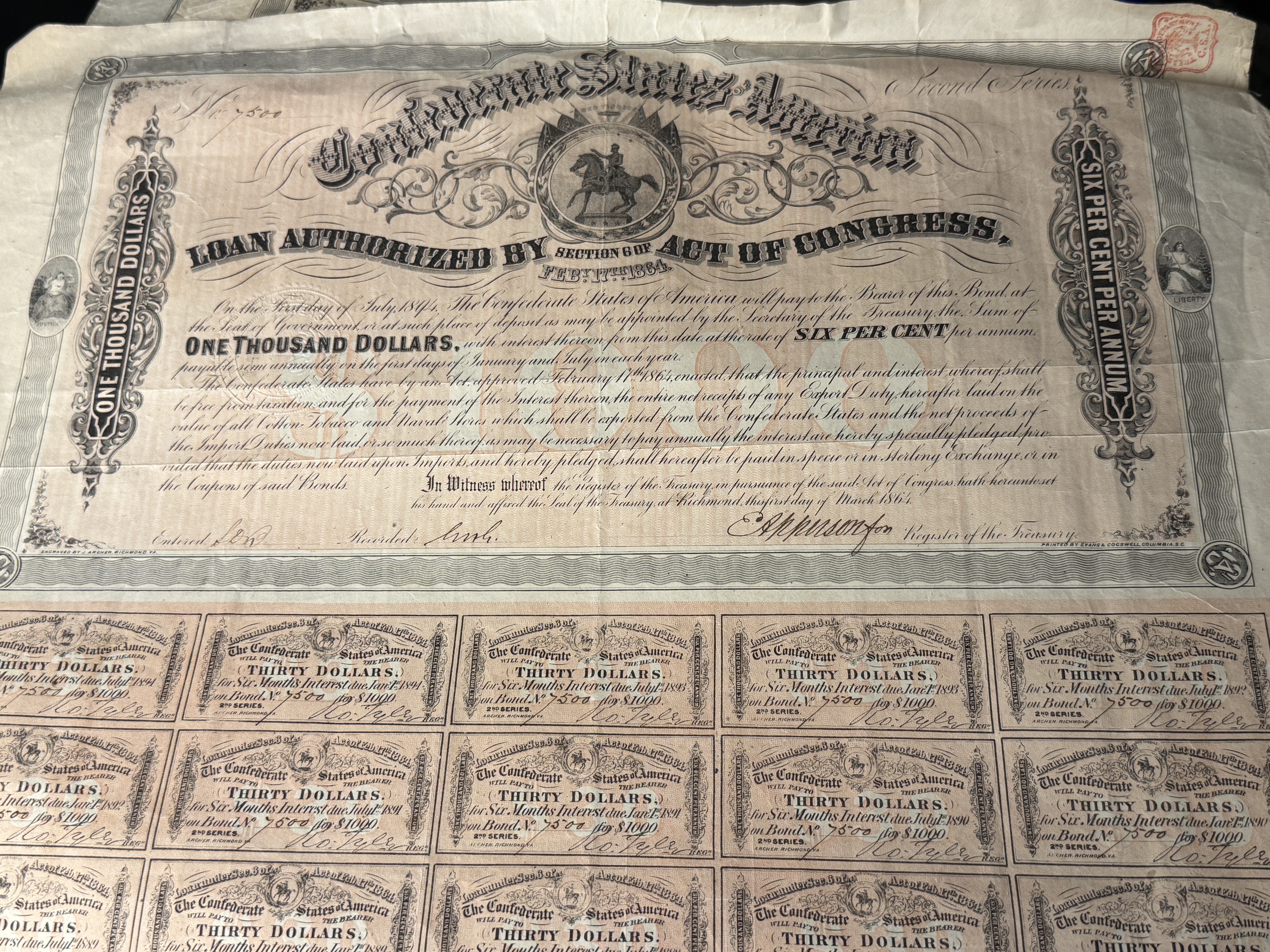 A Collection of Confederate States of America 1864 One Thousand Dollar Loan Bonds