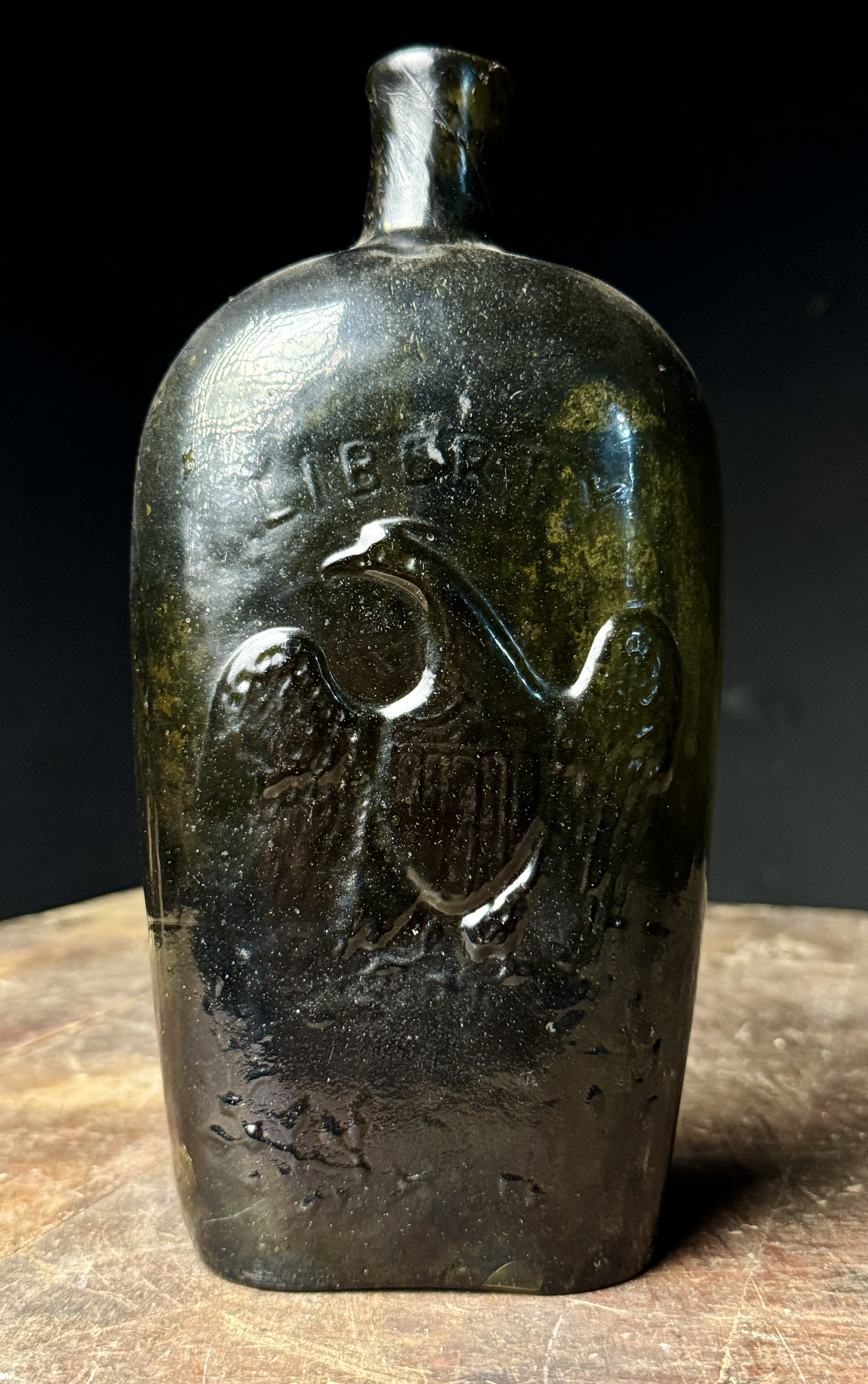 Antique Willington Glass Co GII-64 Eagle Liberty Historical Flask Deep Olive Amber