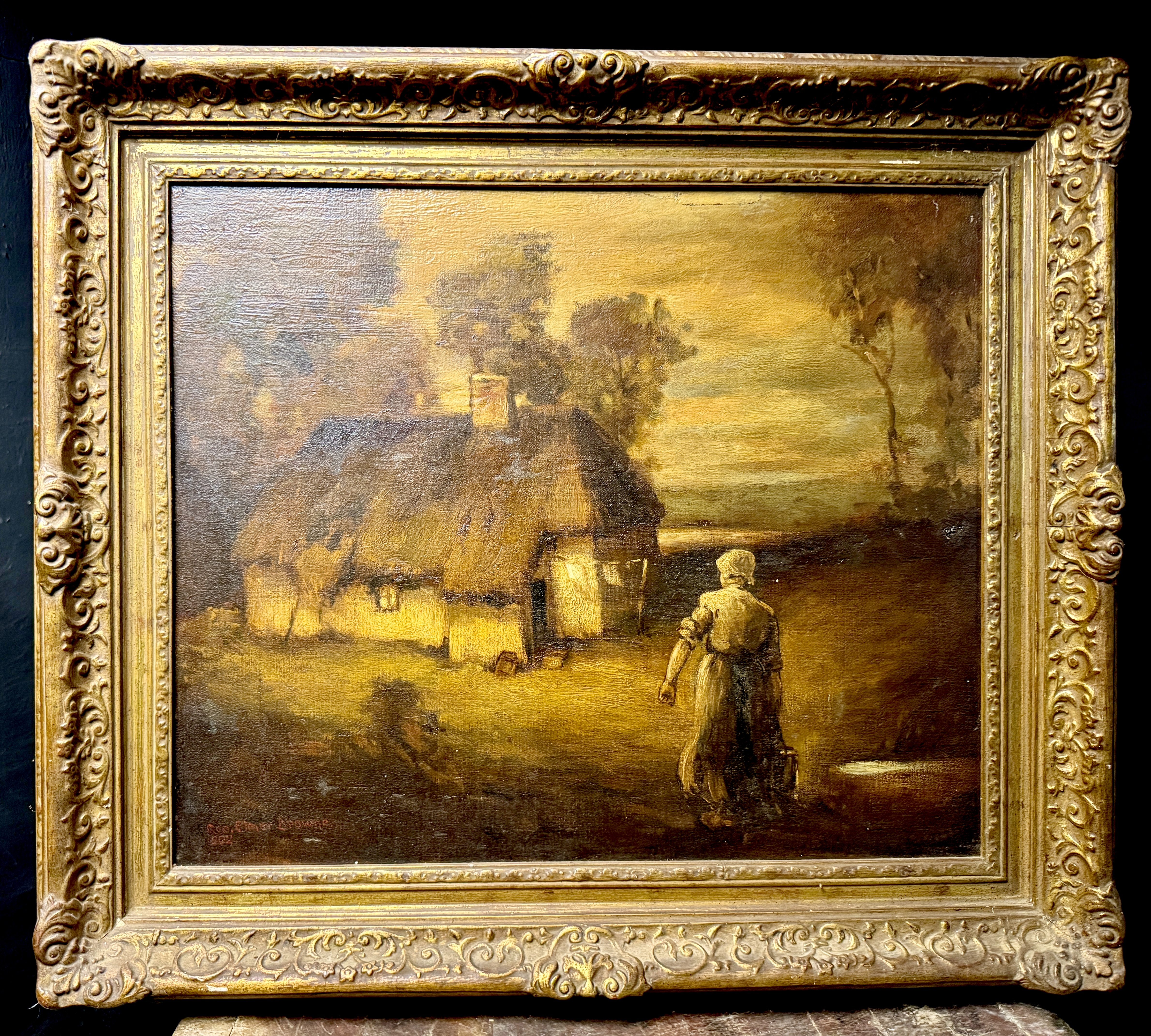 George Elmer Browne (American, 1871-1946), Tonalist Landscape with Cottage and Figure, 1902