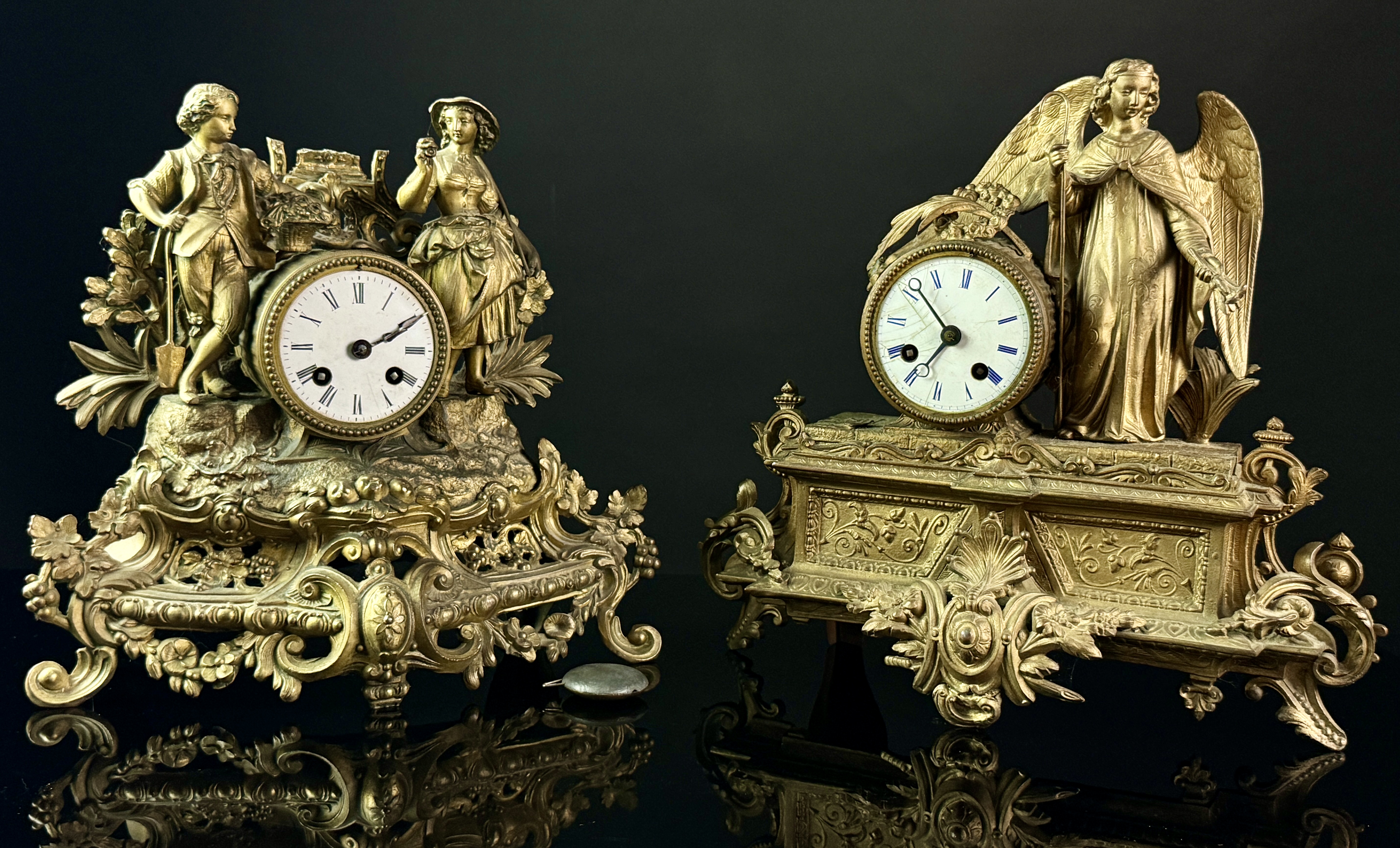 Two 19th Century French Gilt Metal Figural Mantel Clocks