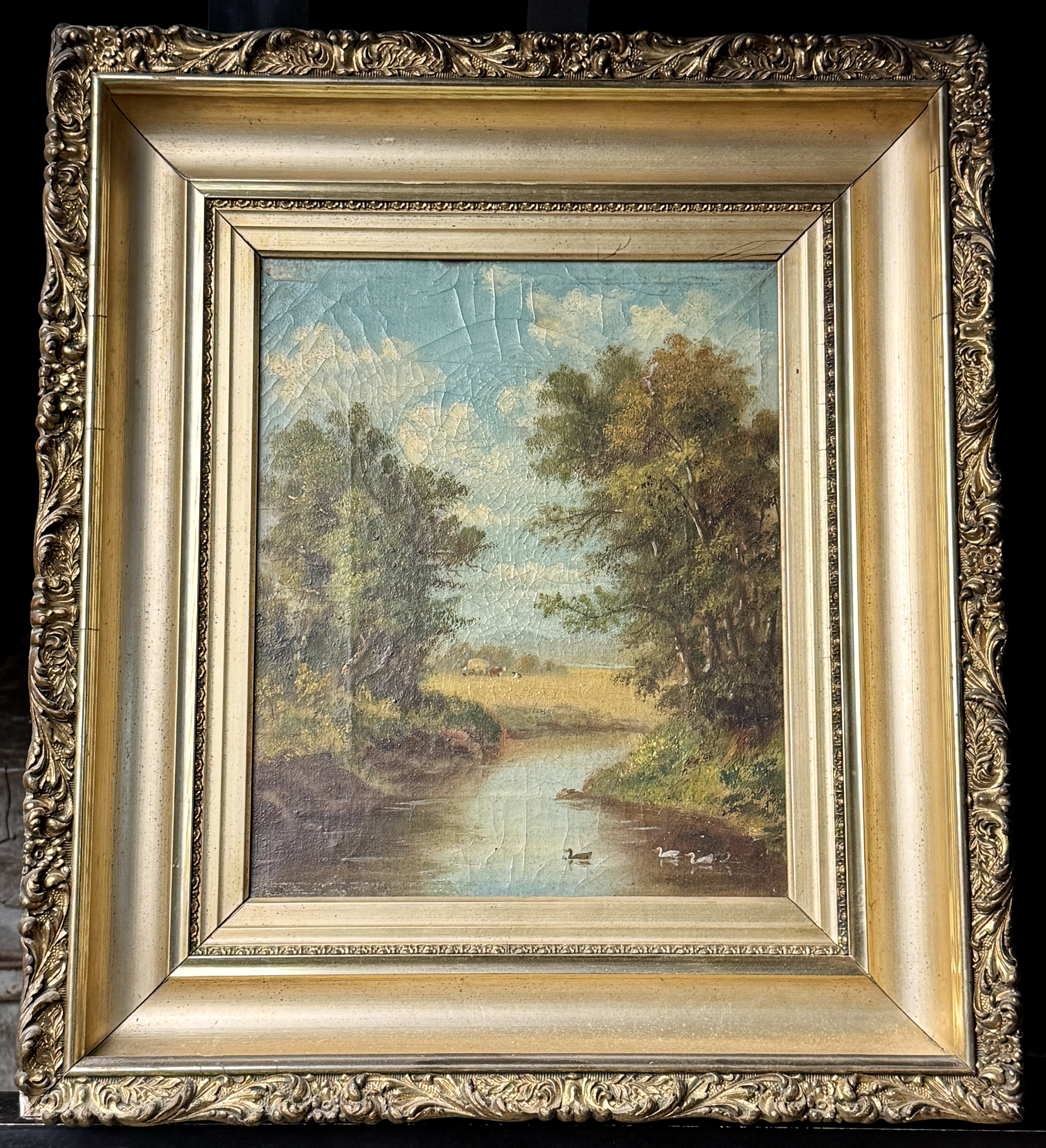 1800's Pastoral River Landscape Oil Painting