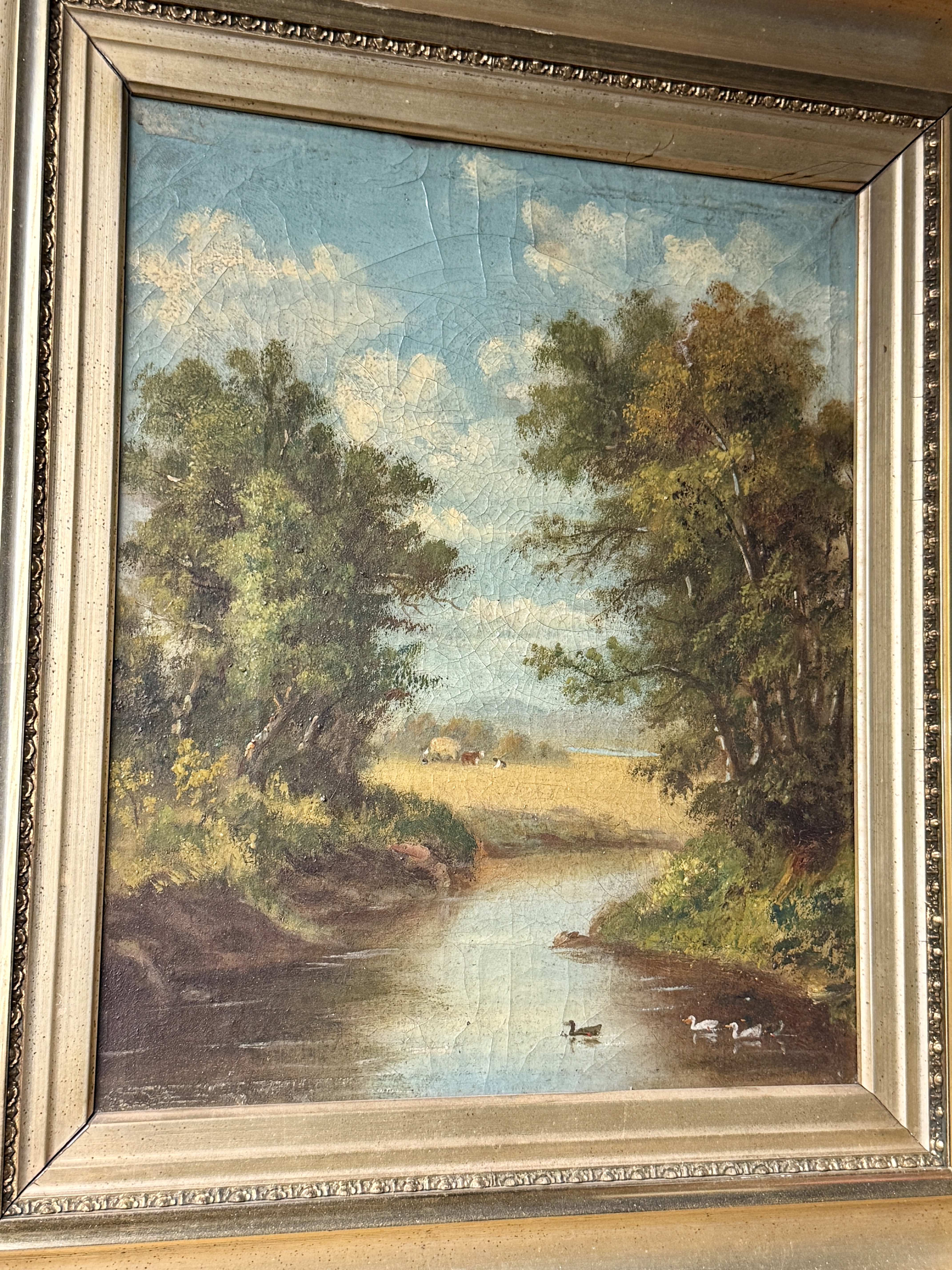 1800's Pastoral River Landscape Oil Painting