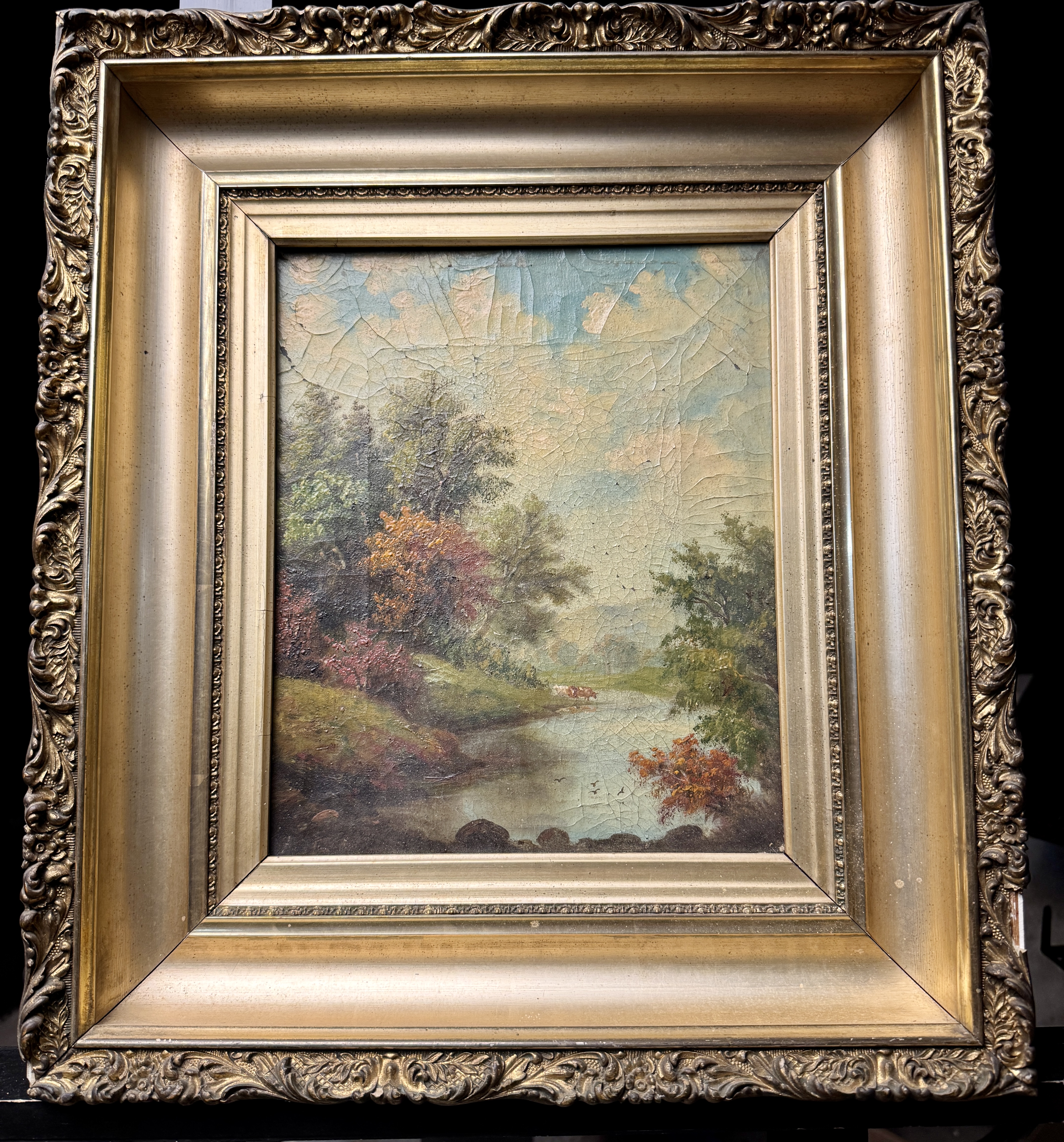 Late 19th or Early 20th Century Pastoral Landscape Oil on Canvas in Ornate Gilded Frame