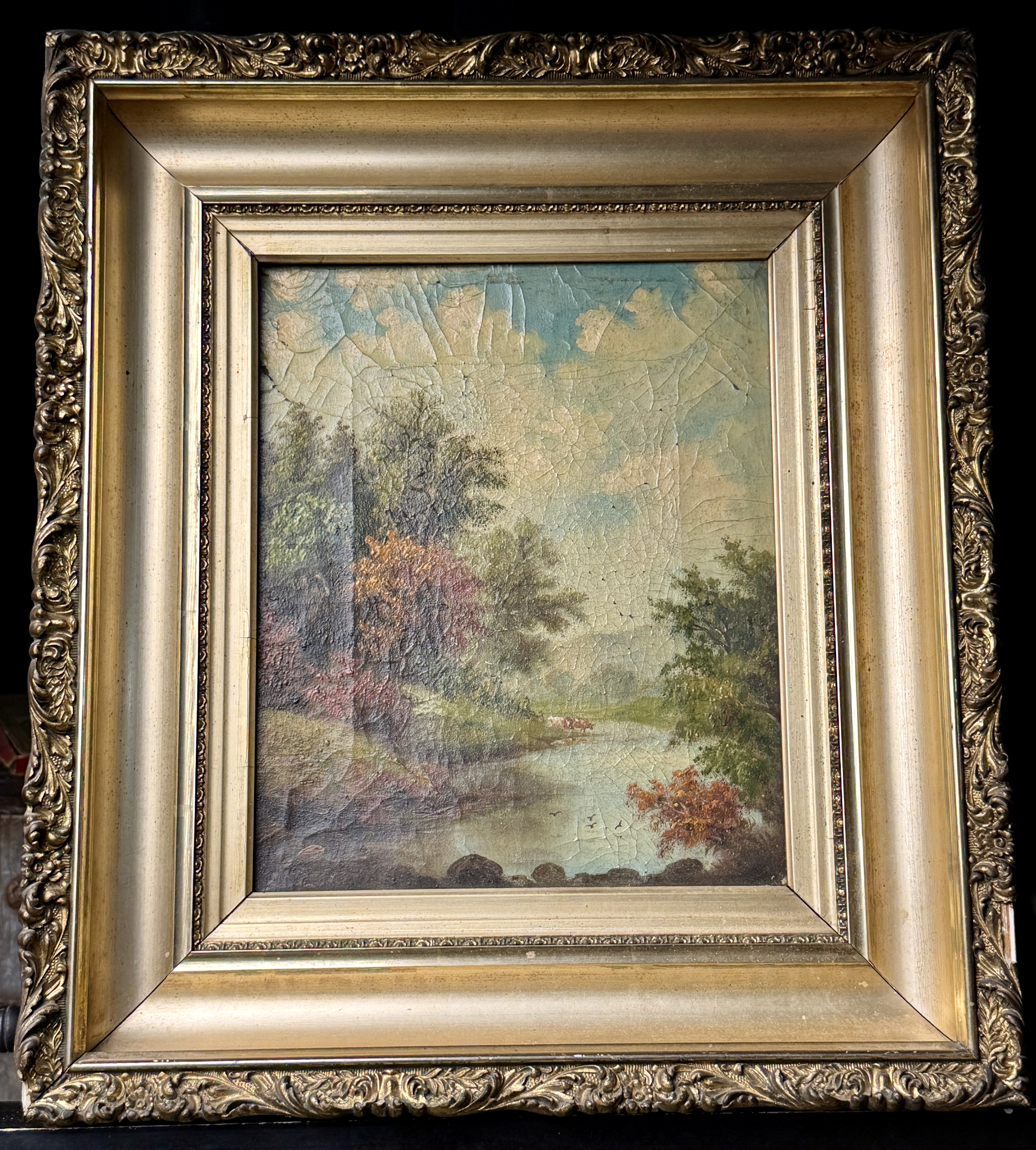 Late 19th or Early 20th Century Pastoral Landscape Oil on Canvas in Ornate Gilded Frame