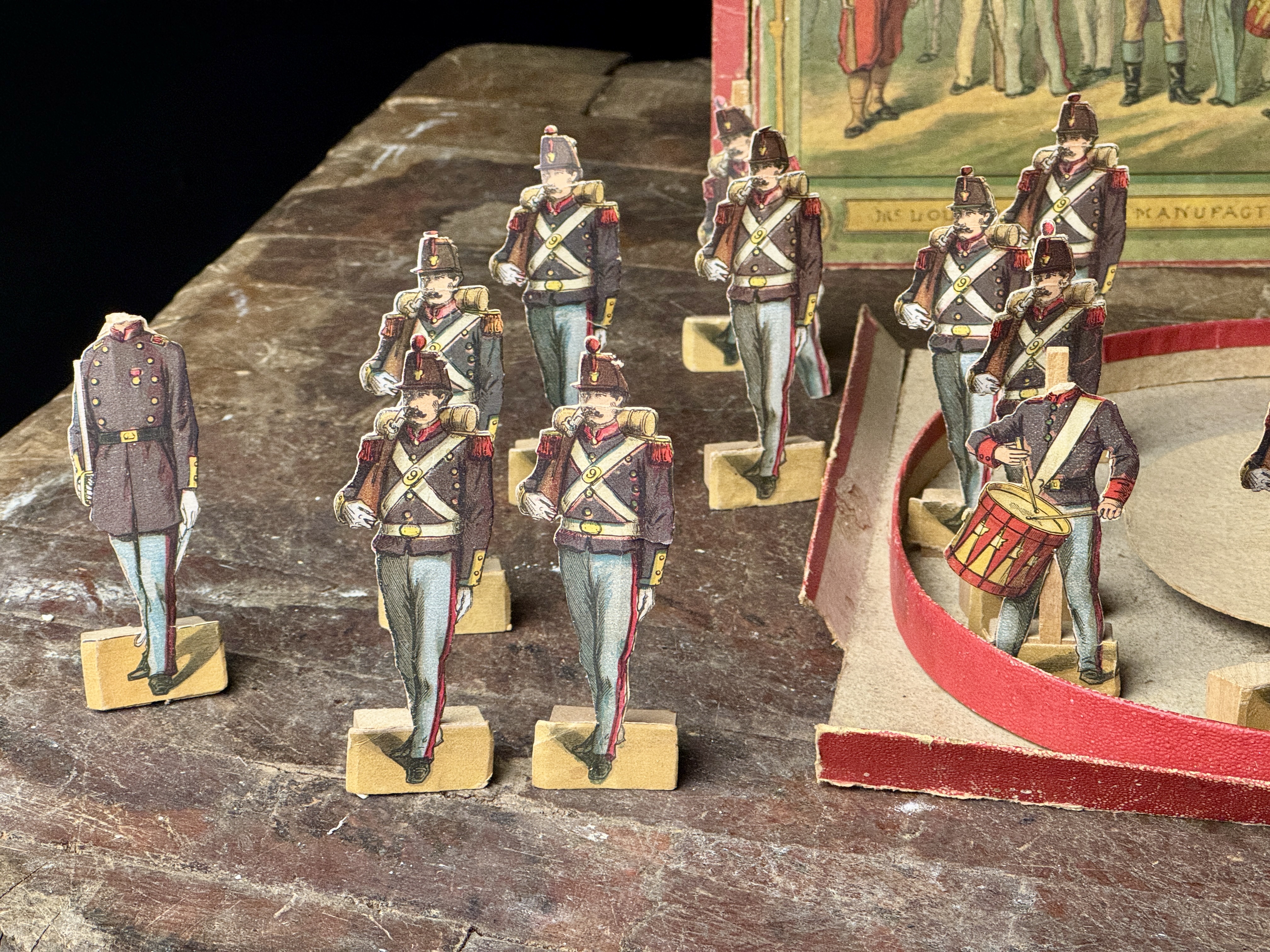 A Set of McLoughlin Bros. 9th Regt. National Guards Mechanical Paper Soldiers with Box Lid