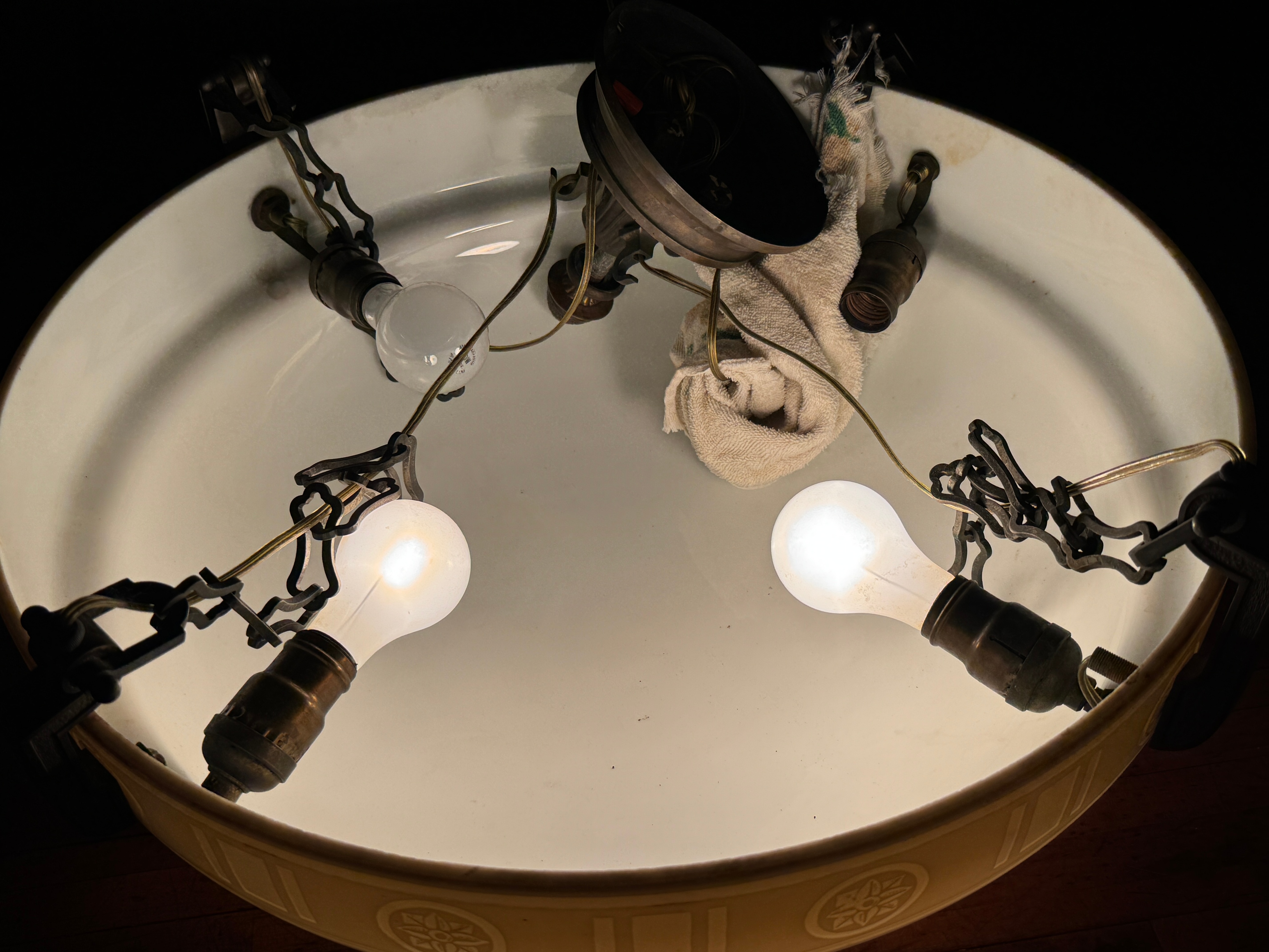 Large Steuben Calcite Glass Four-Light Chandelier from the Langdon Mansion