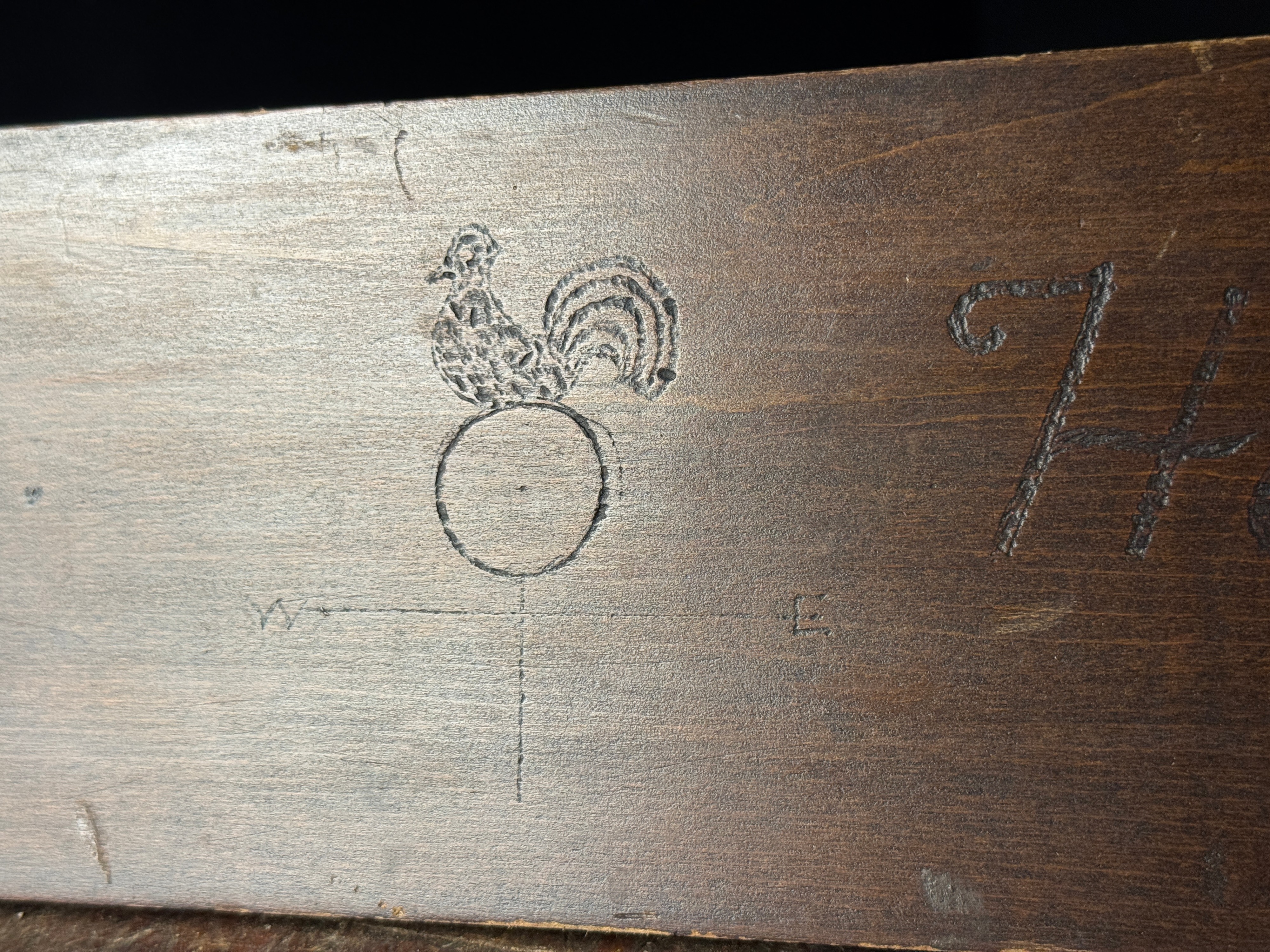 Carved Stained Wood Wall Plaque with Rooster Weather Vane Motif and Inscription