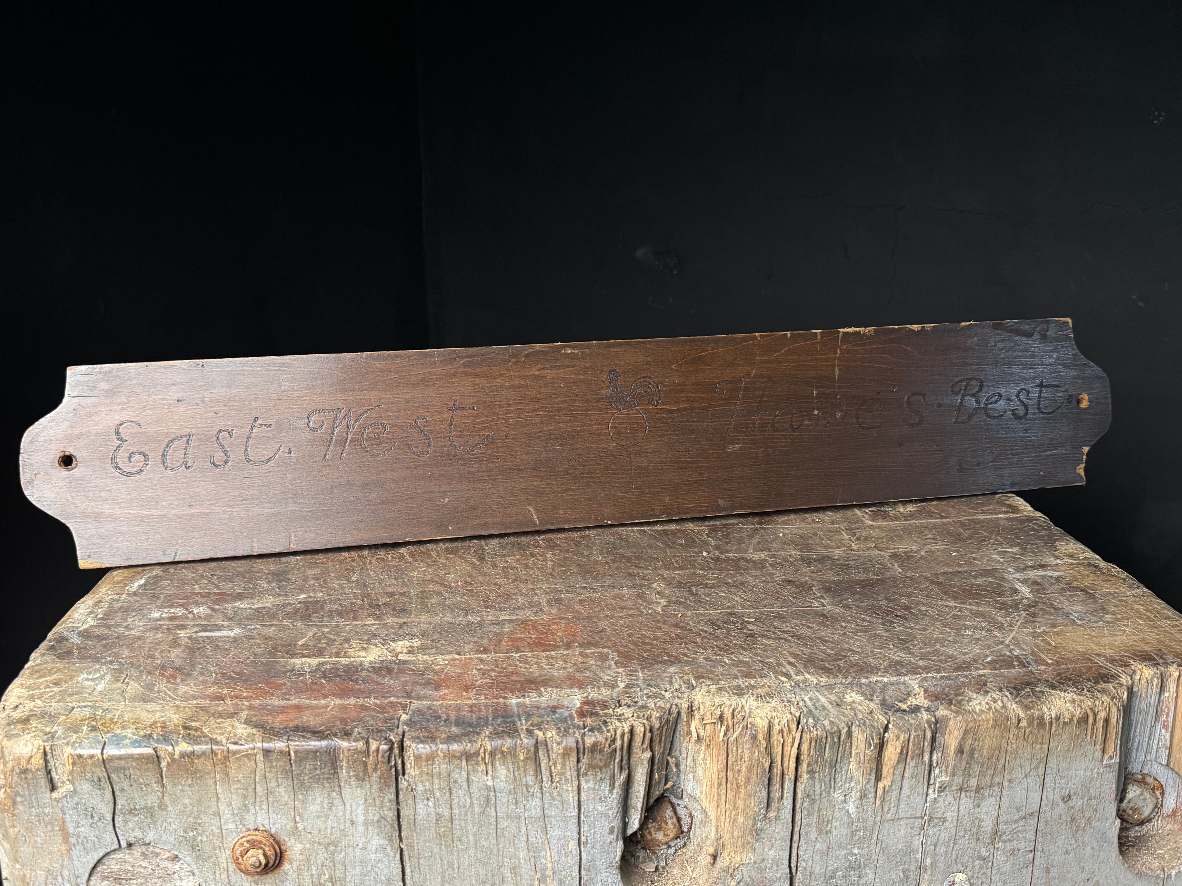 Carved Stained Wood Wall Plaque with Rooster Weather Vane Motif and Inscription