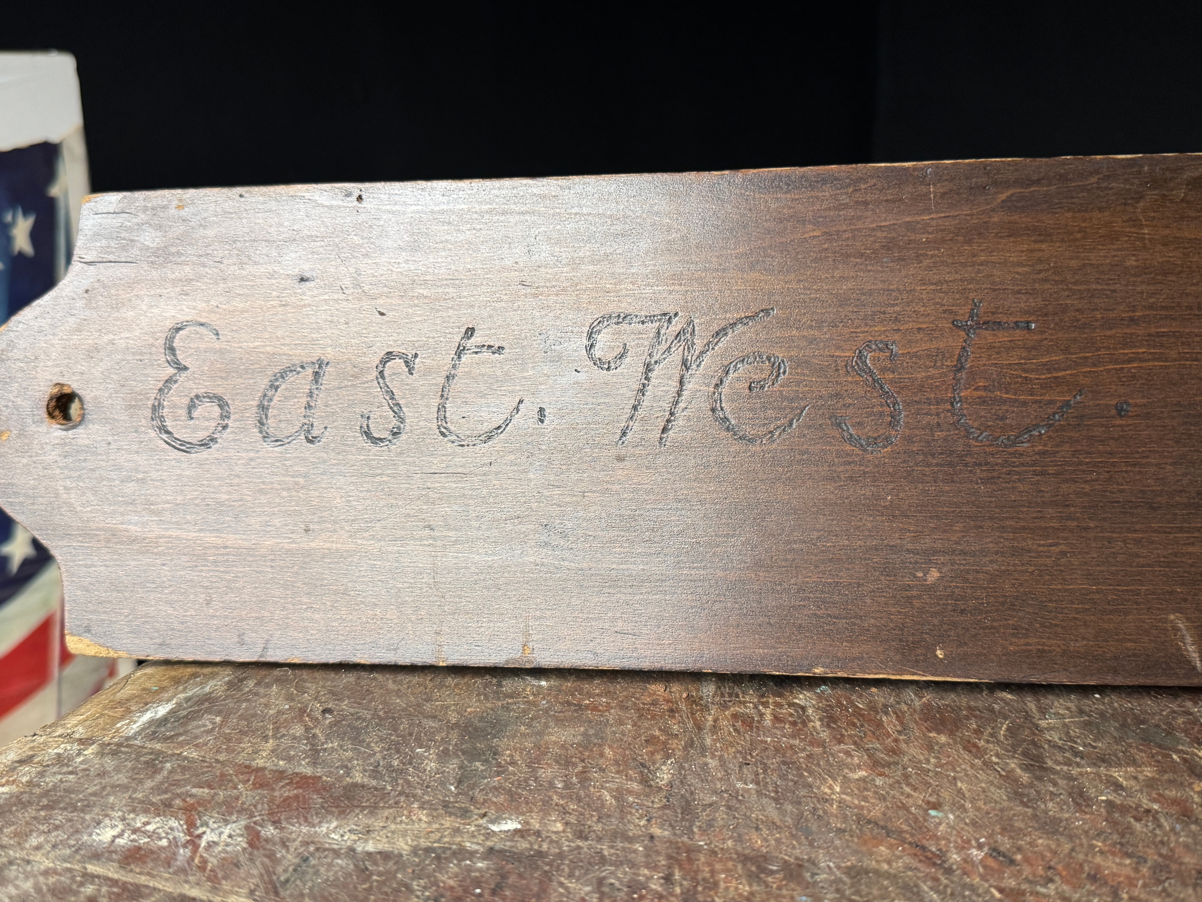 Carved Stained Wood Wall Plaque with Rooster Weather Vane Motif and Inscription