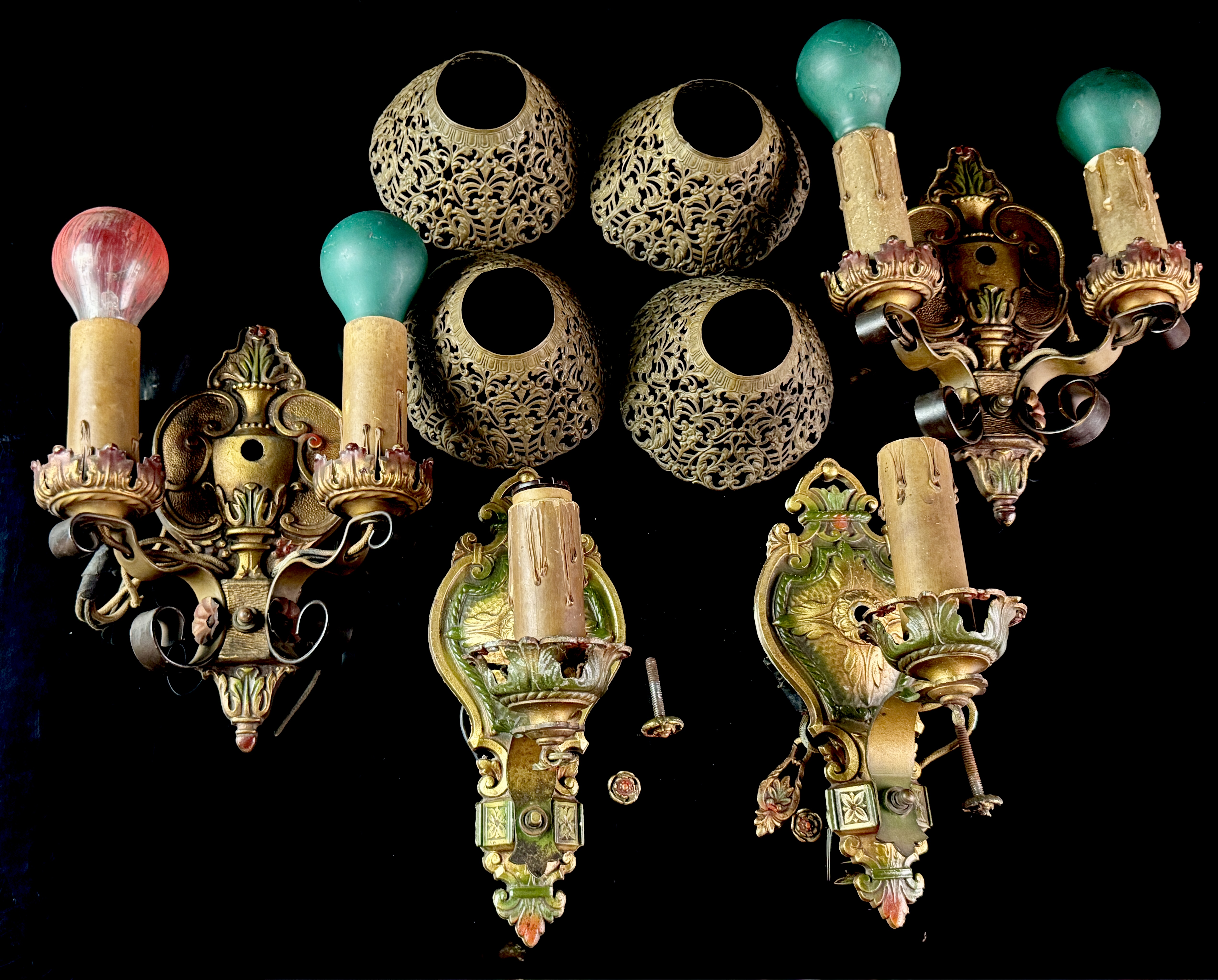 A Set of Four Art Nouveau Style Polychrome Cast Metal Wall Sconce Fixtures from the Langdon Mansion
