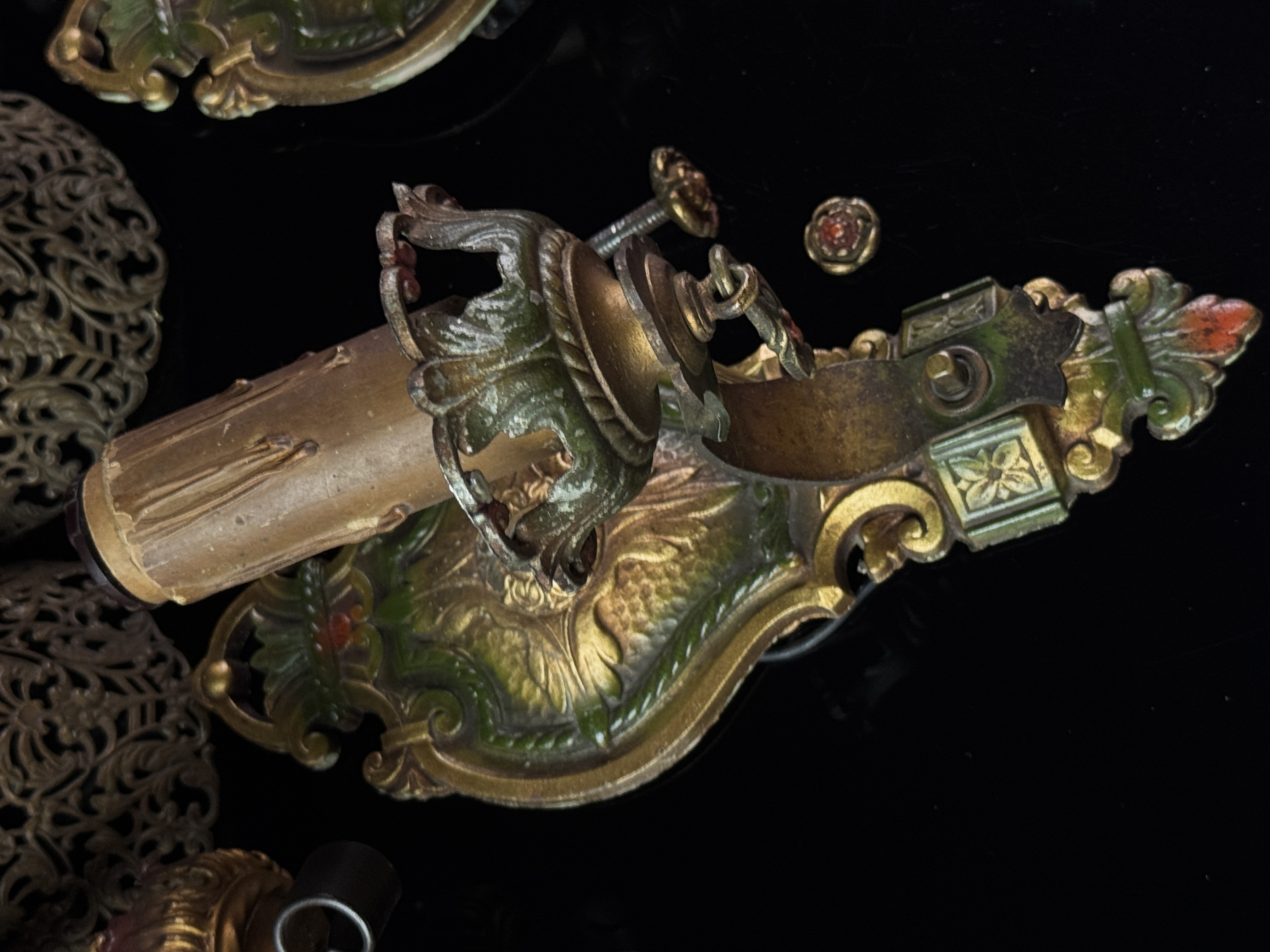A Set of Four Art Nouveau Style Polychrome Cast Metal Wall Sconce Fixtures from the Langdon Mansion