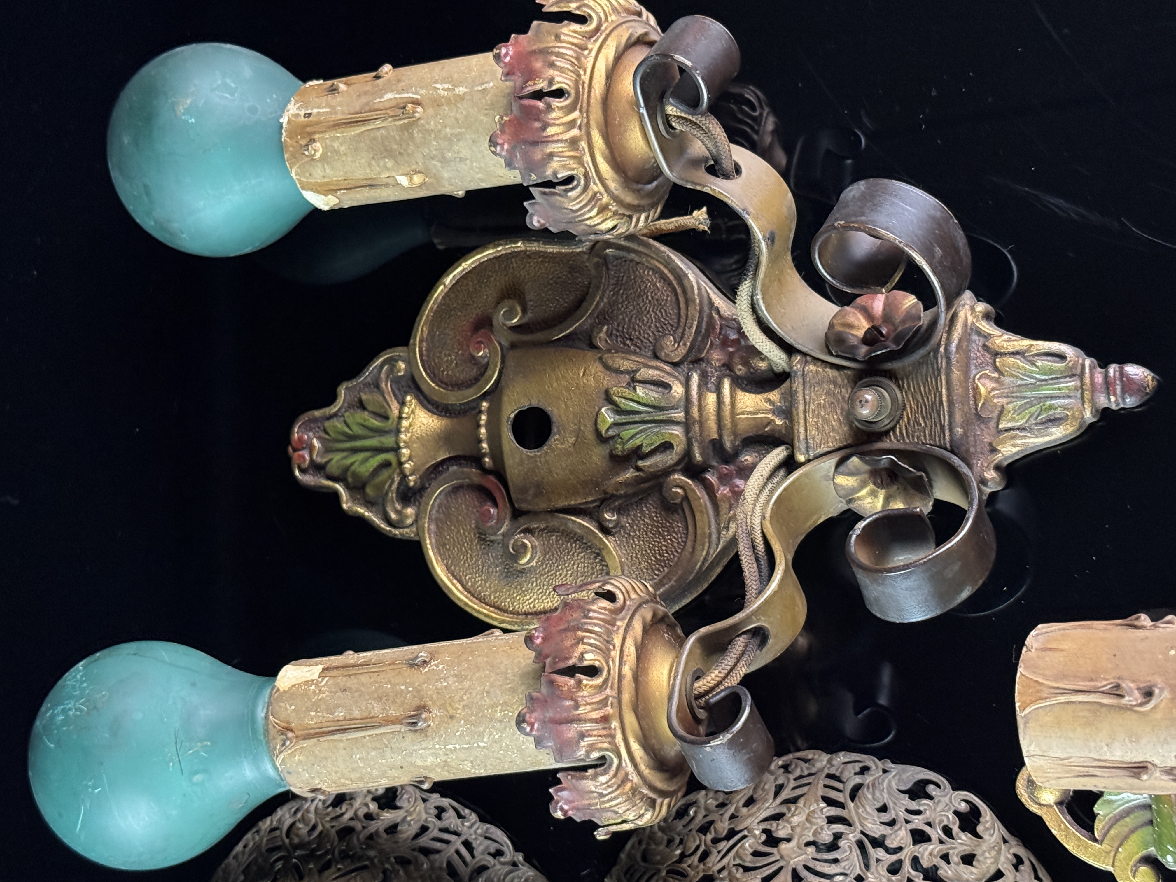 A Set of Four Art Nouveau Style Polychrome Cast Metal Wall Sconce Fixtures from the Langdon Mansion