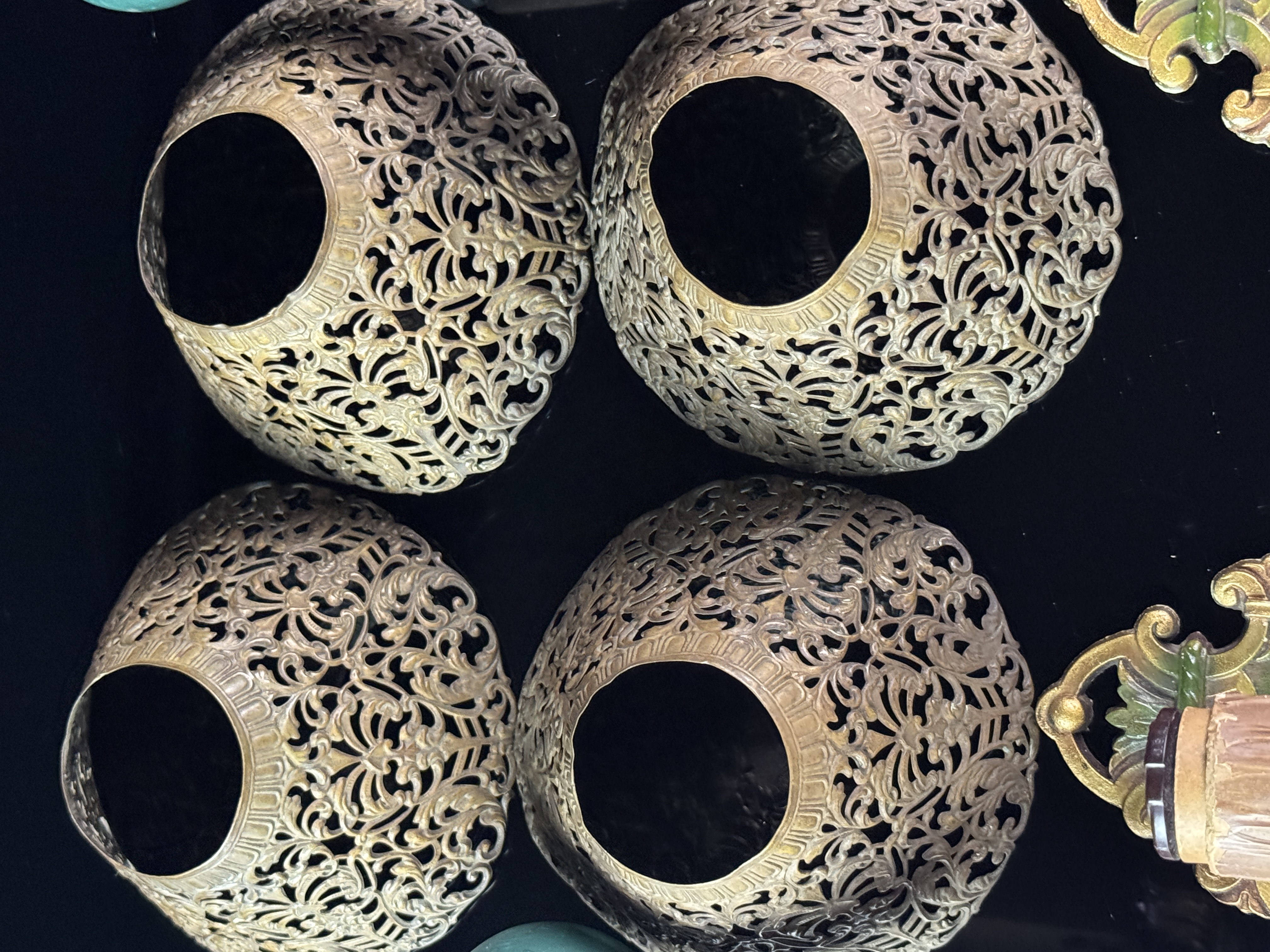 A Set of Four Art Nouveau Style Polychrome Cast Metal Wall Sconce Fixtures from the Langdon Mansion