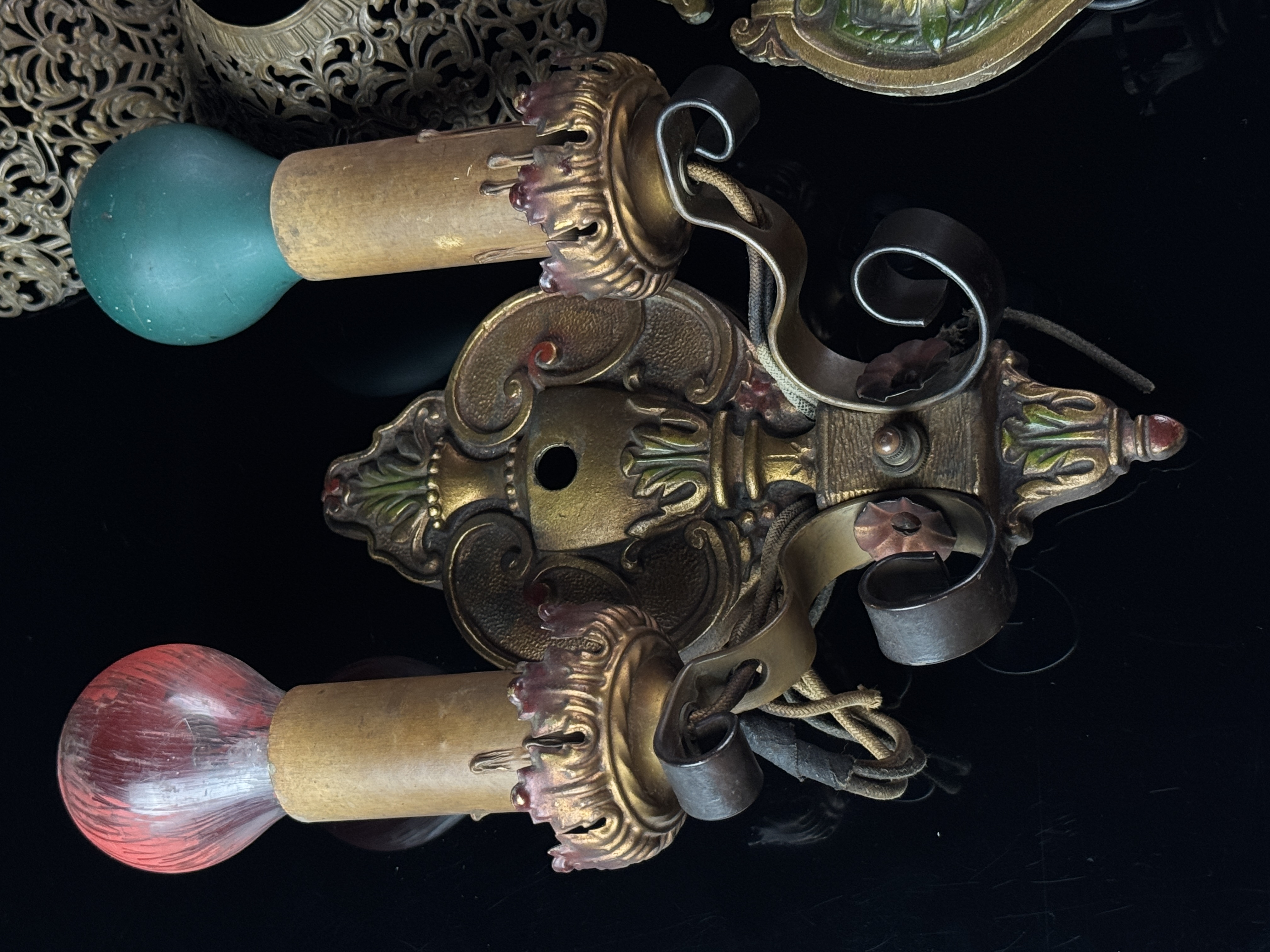 A Set of Four Art Nouveau Style Polychrome Cast Metal Wall Sconce Fixtures from the Langdon Mansion