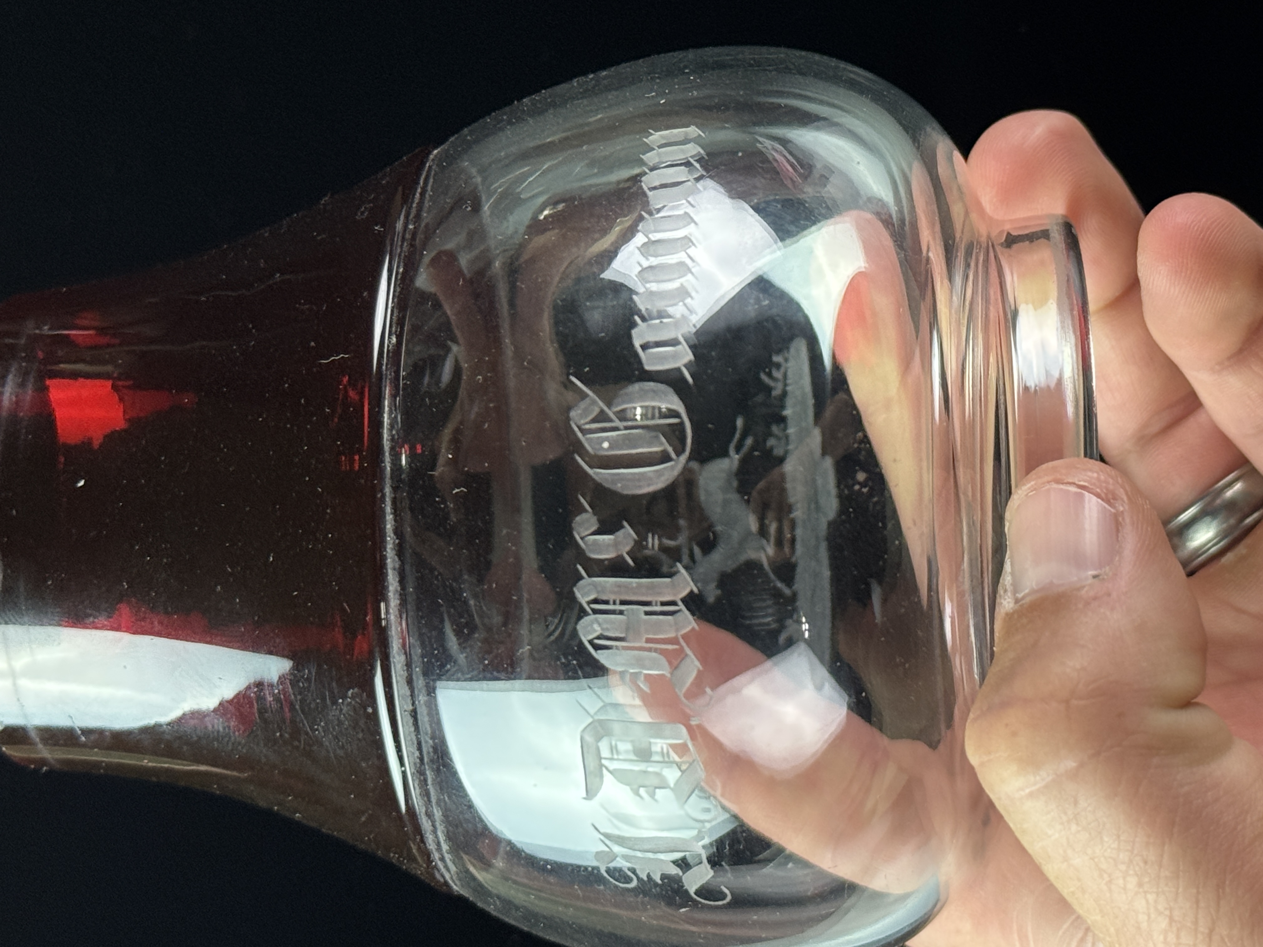 Fallbrook Railroad Presentation Globe Conductor J.D. McGannon Ruby Stained Glass Lantern Etched by Hawkes Glass
