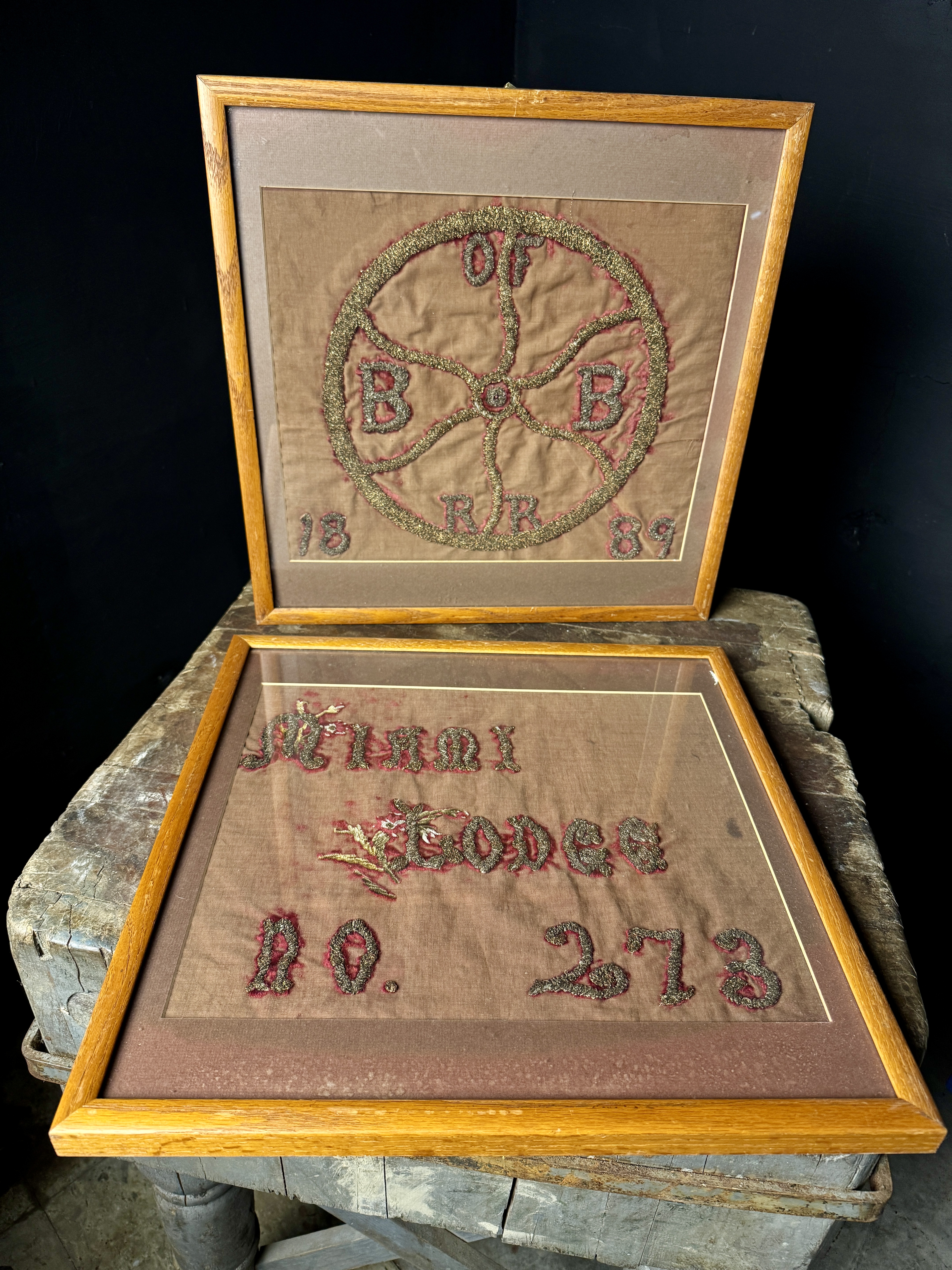 1889 Pair of Framed Brotherhood of Railroad Brakemen Bullion Embroideries