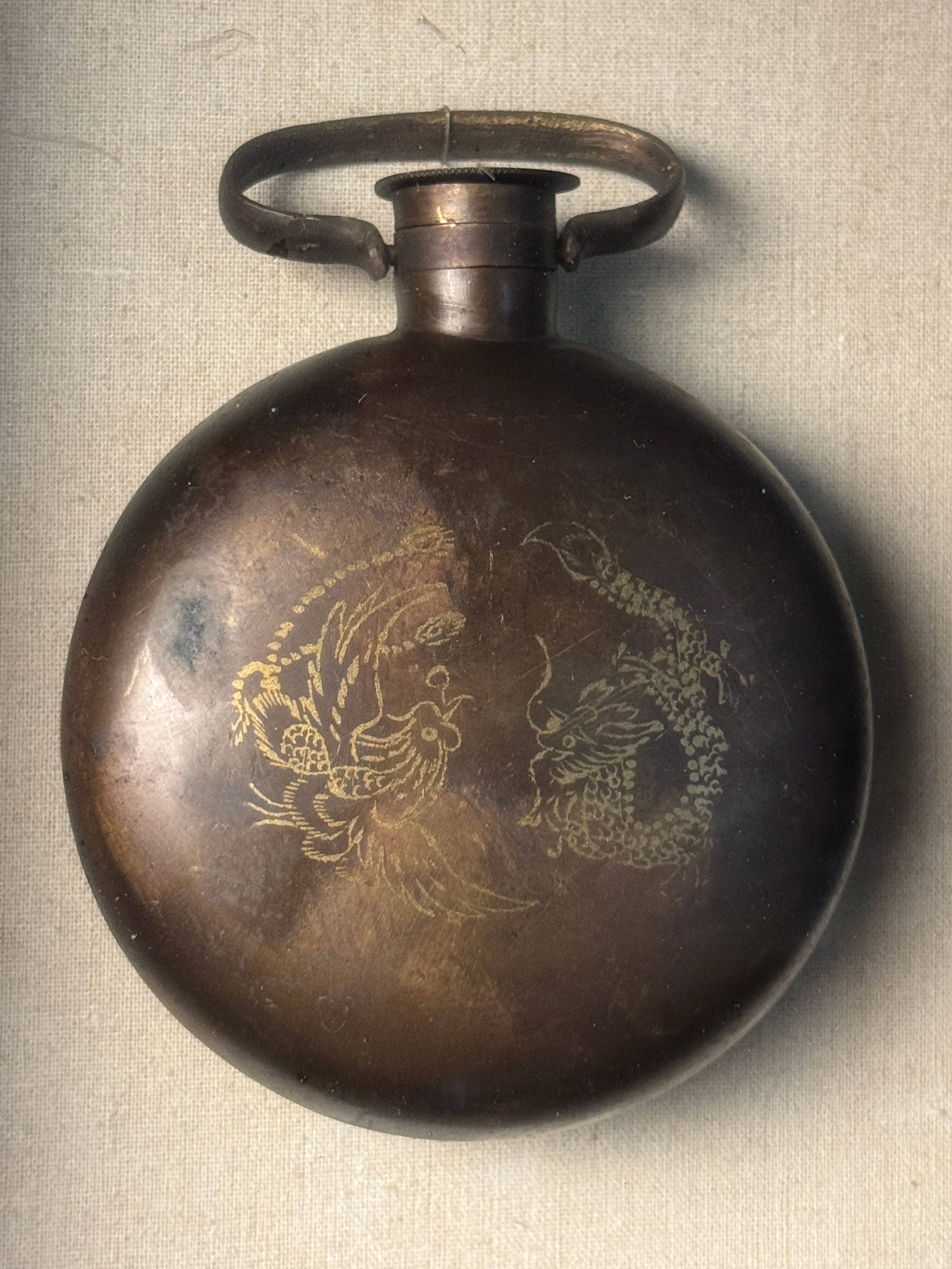Chinese Patinated Bronze Flask with Dragon and Phoenix Decoration in Shadowbox Frame