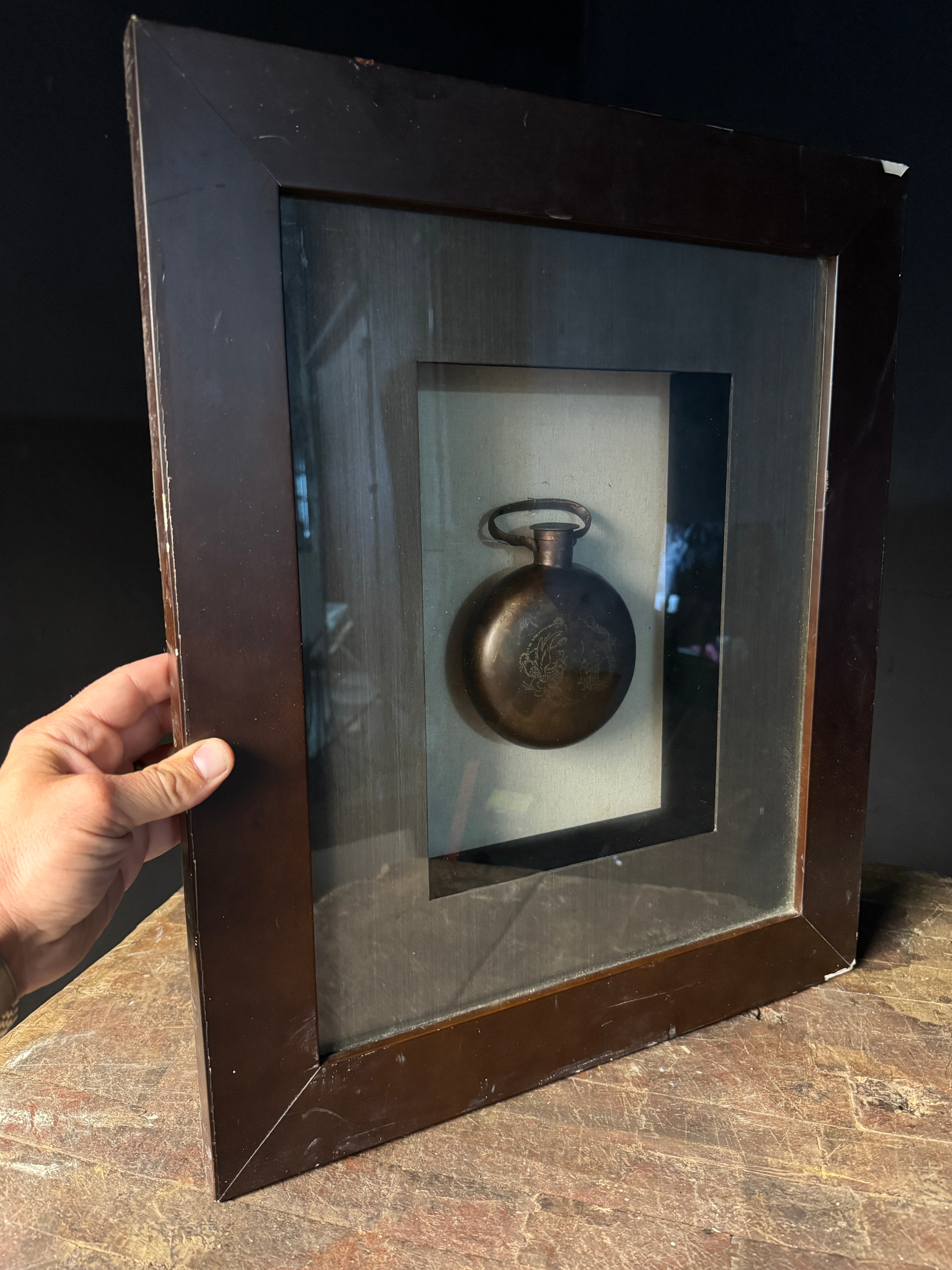 Chinese Patinated Bronze Flask with Dragon and Phoenix Decoration in Shadowbox Frame