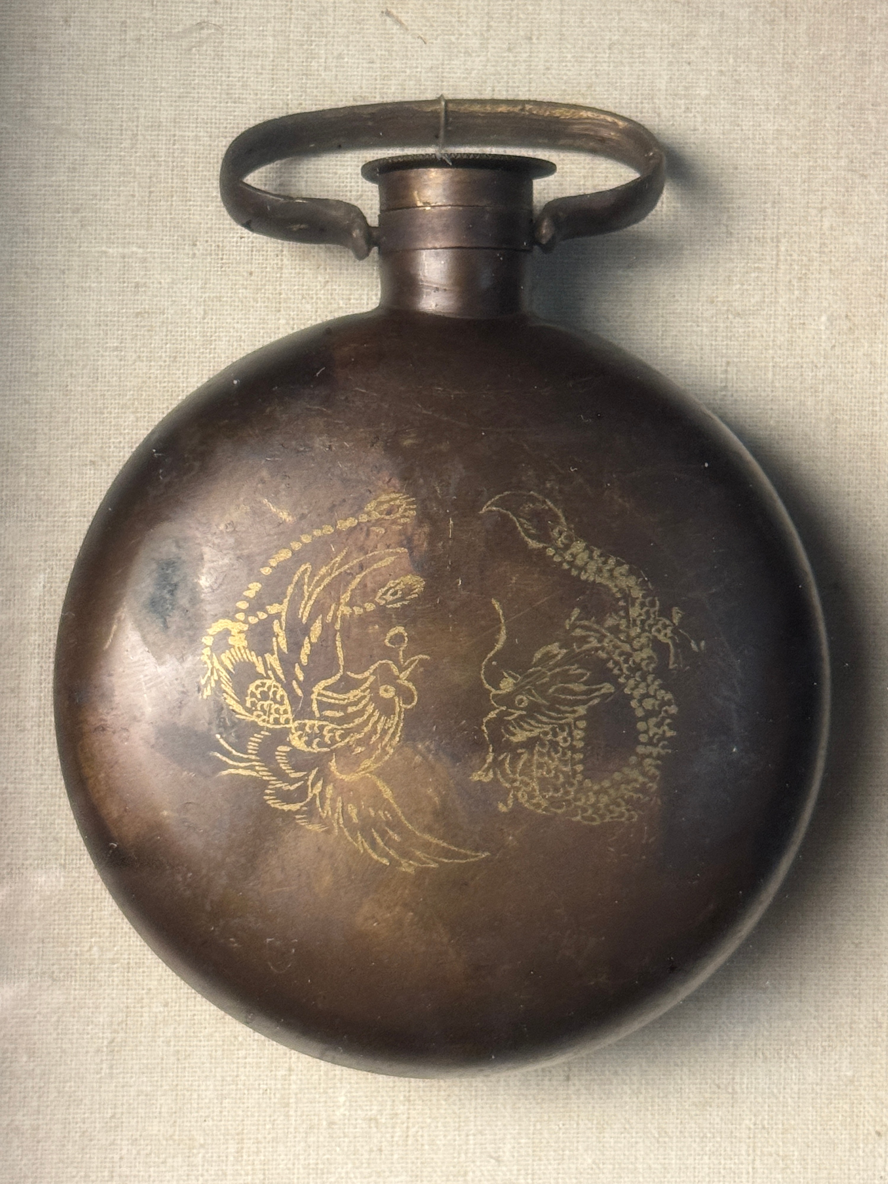 Chinese Patinated Bronze Flask with Dragon and Phoenix Decoration in Shadowbox Frame