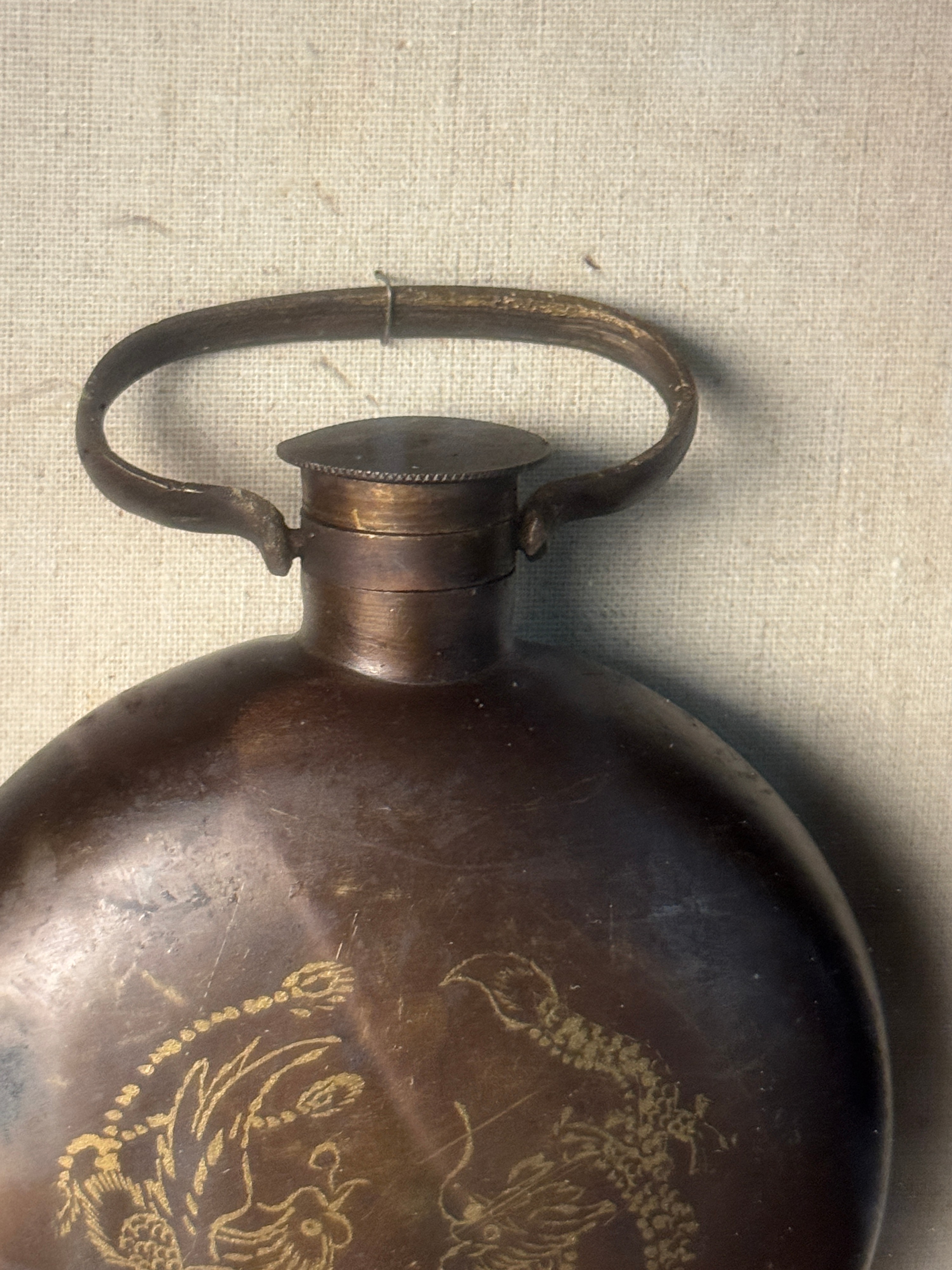 Chinese Patinated Bronze Flask with Dragon and Phoenix Decoration in Shadowbox Frame