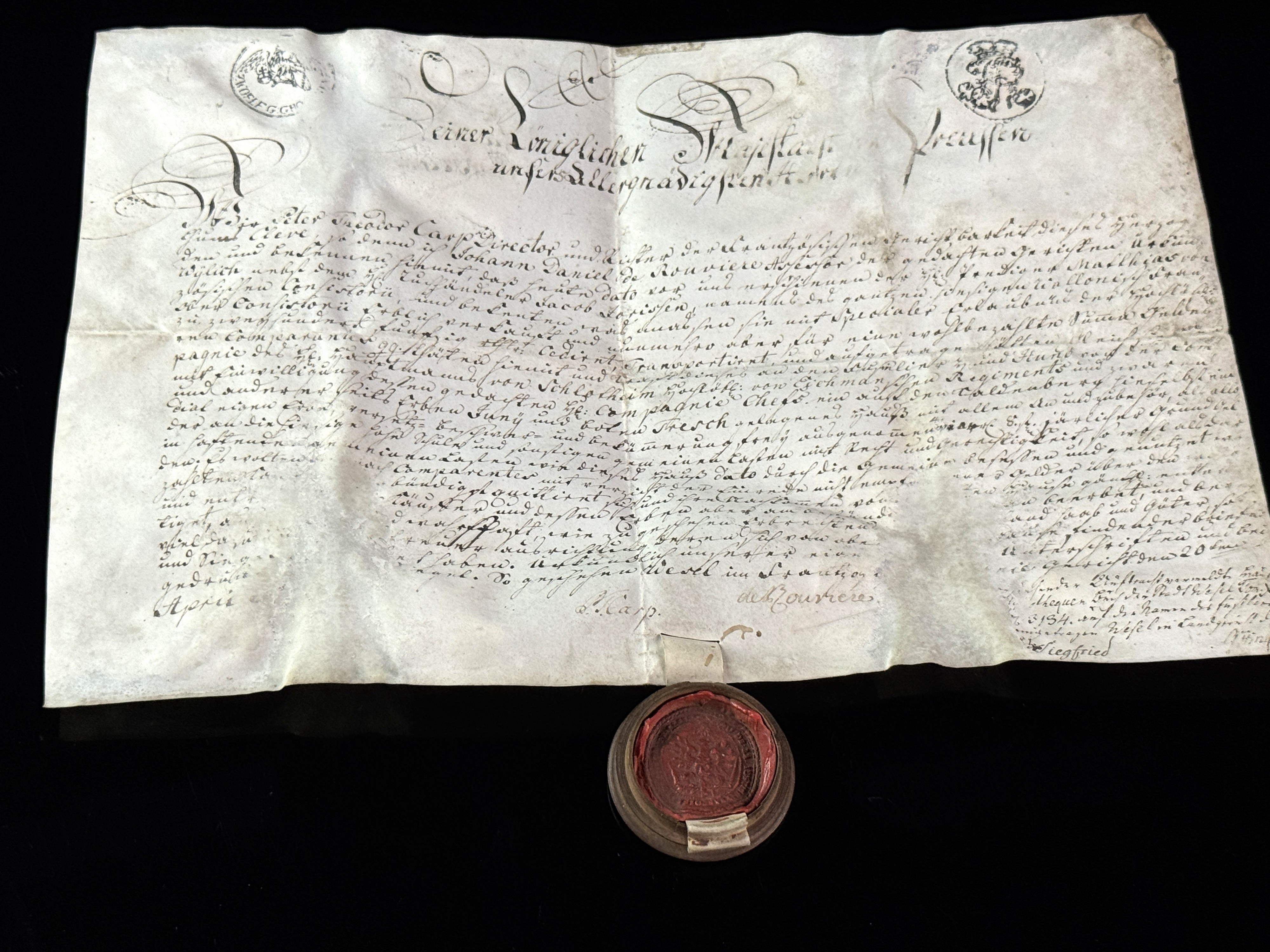1734 Prussian Vellum Manuscript Document Mentioning Infantry Regiment No. 27 with Skippet Seal