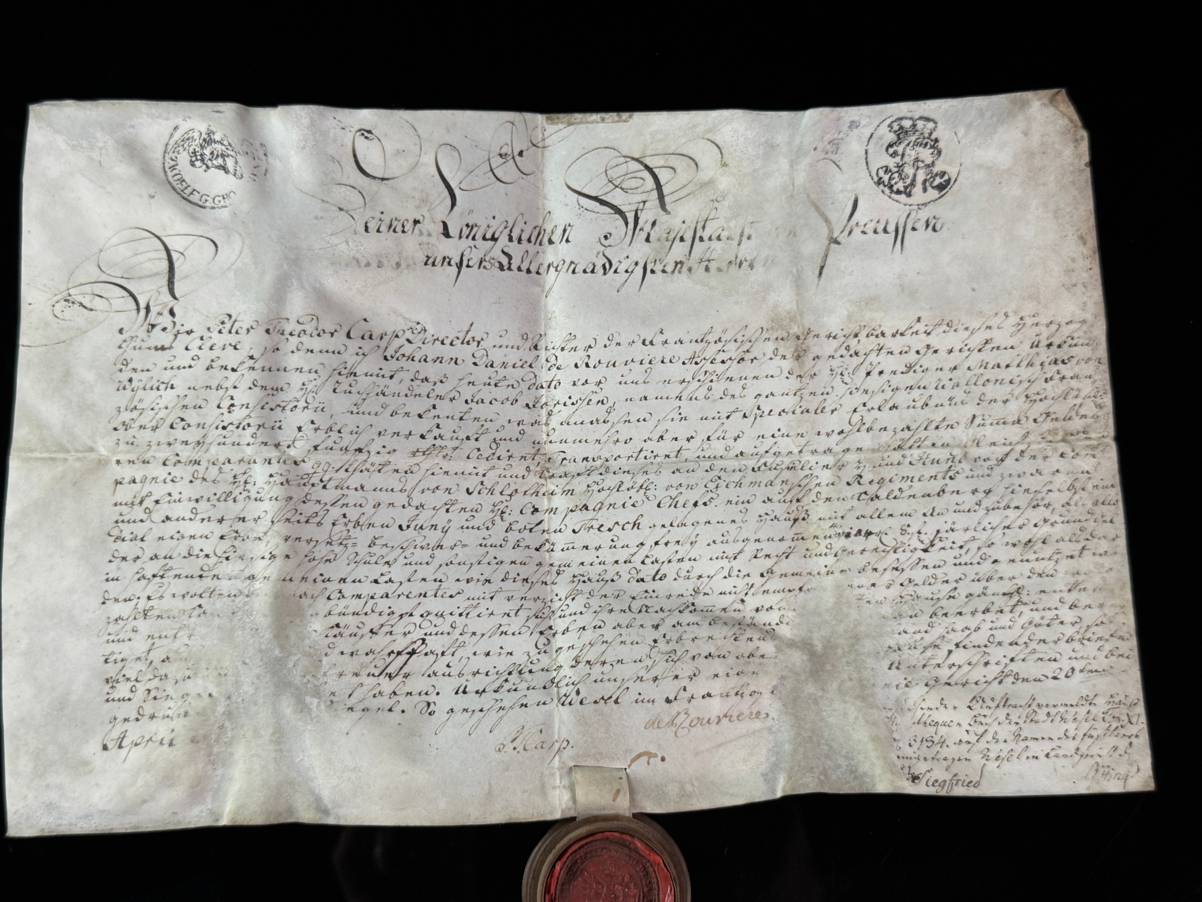 1734 Prussian Vellum Manuscript Document Mentioning Infantry Regiment No. 27 with Skippet Seal